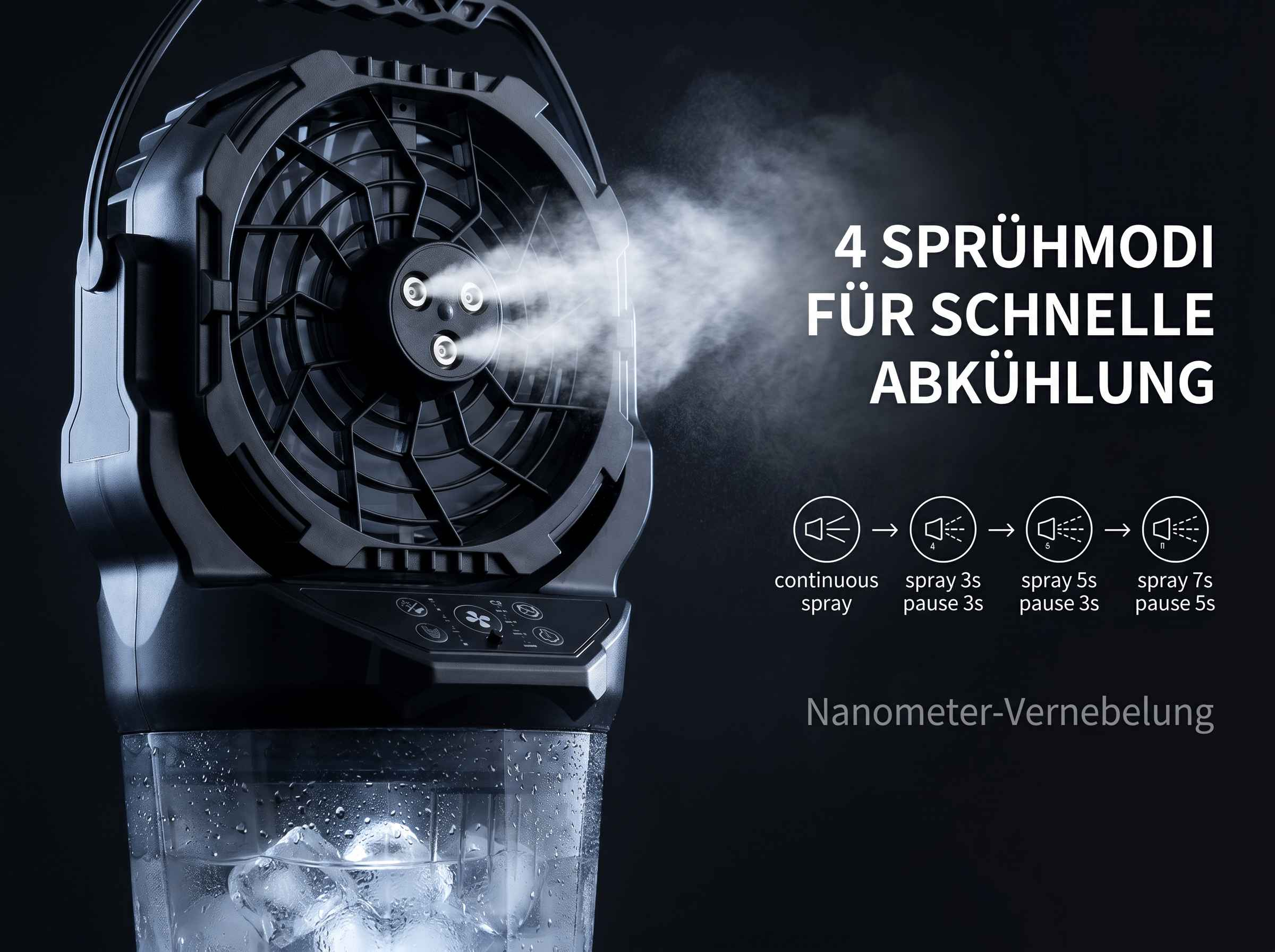 Schwarzer Ventilator mit Eiswasserbehälter sprüht Nebel. 4 Sprühmodi.