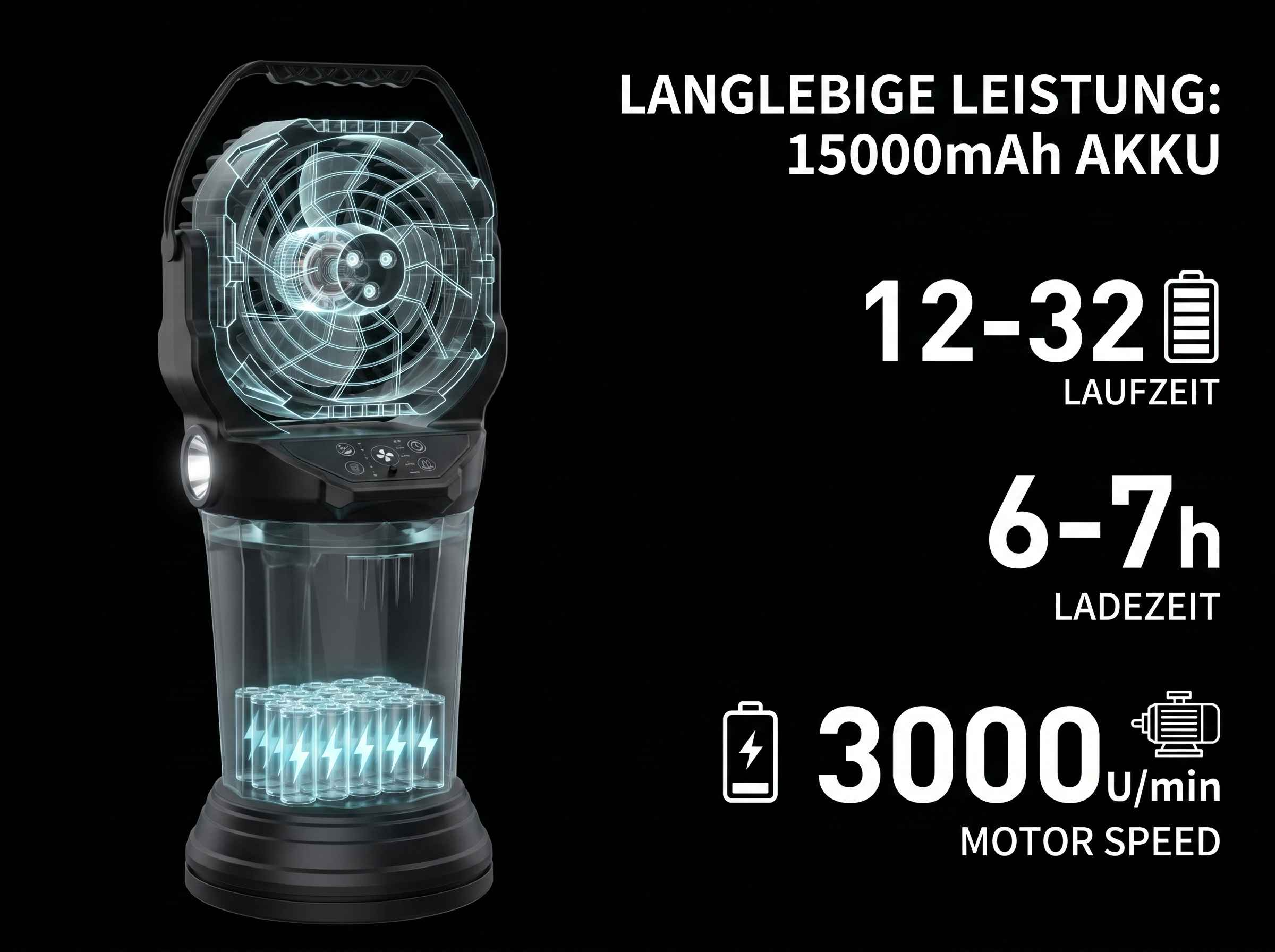 Ein tragbarer Lüfter mit transparentem Akku-Fach, beleuchtet. Anzeige von Laufzeit und Ladezeit.