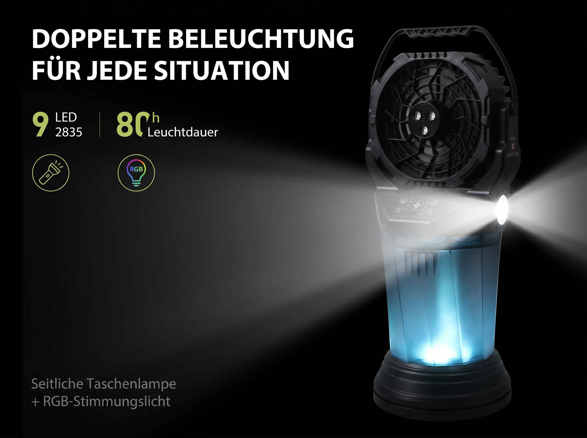 Ein schwarzer Ventilator mit LED-Licht und blauer Basis.