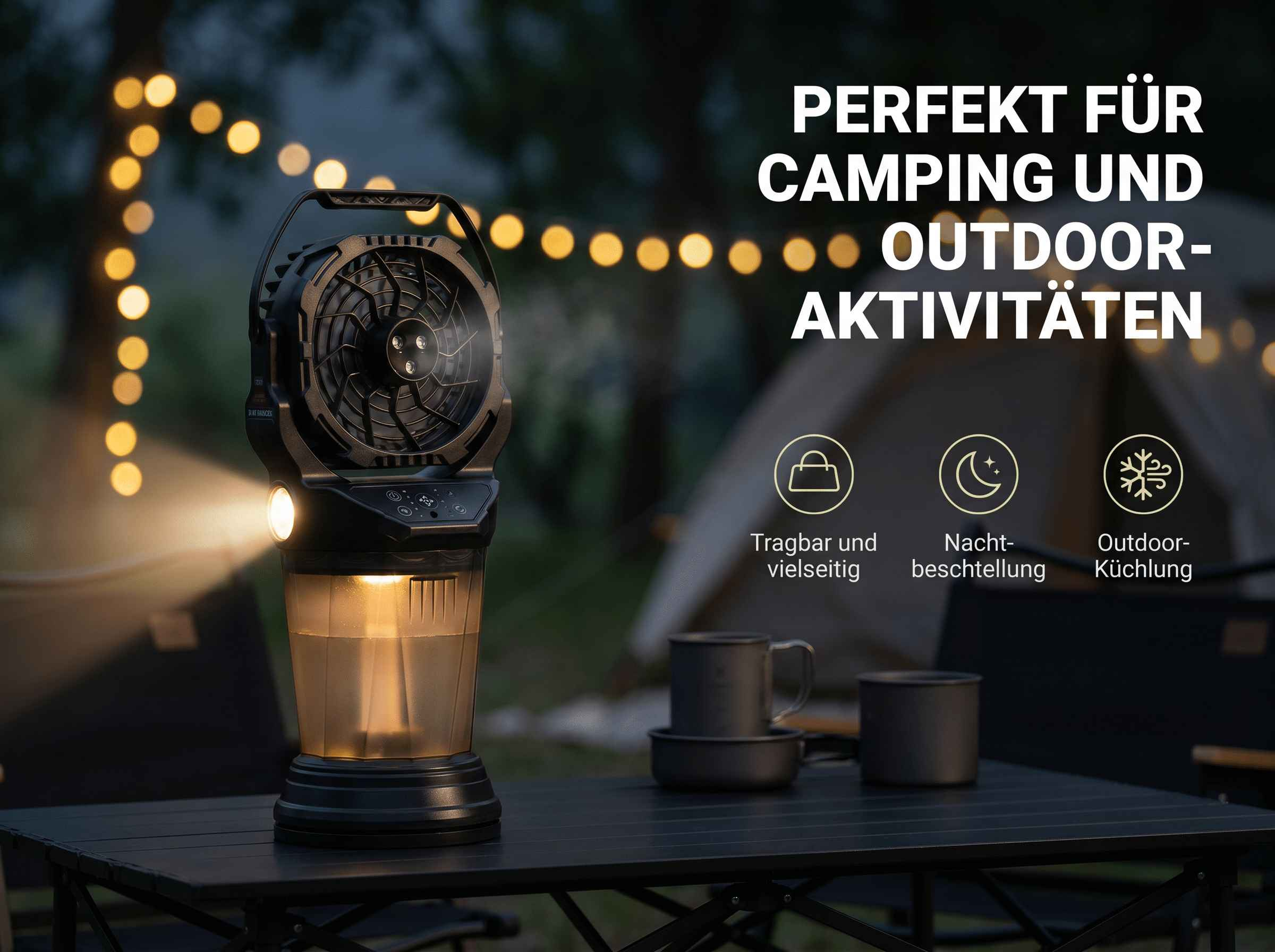 Schwarzer Campinglüfter mit Lampe, Tassen auf Tisch, Lichterkette im Hintergrund.