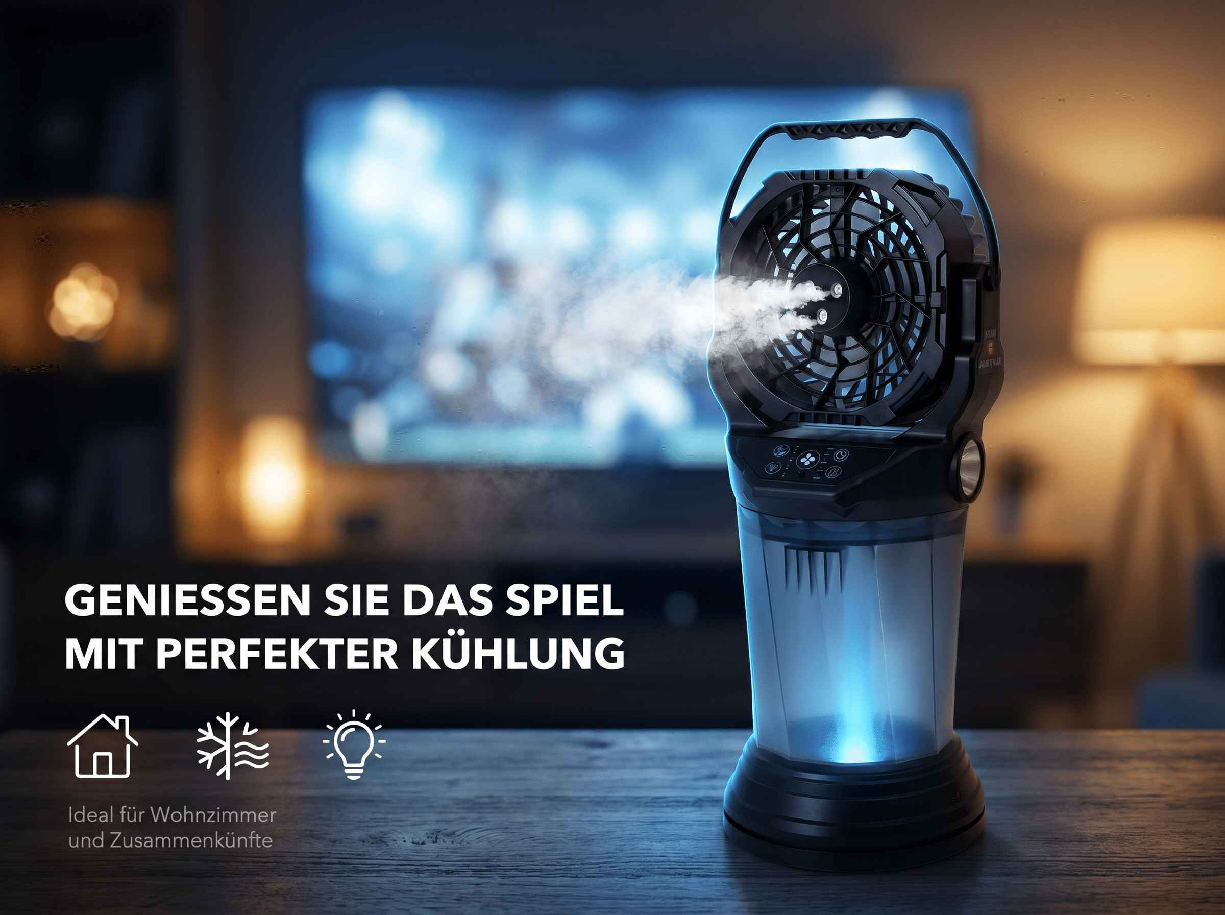 Ein tragbarer Ventilator mit Nebelfunktion sprüht kühlen Nebel.