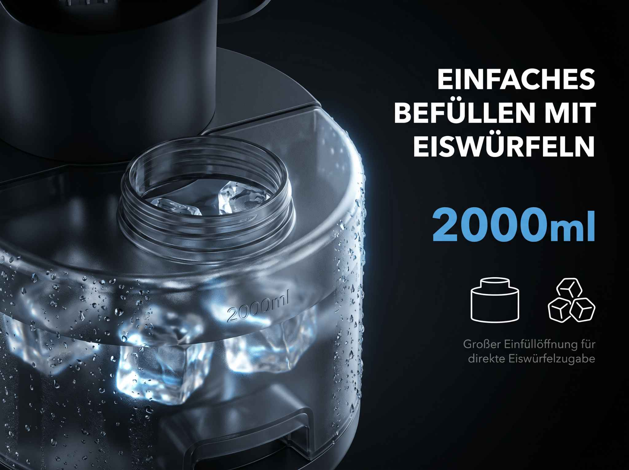 Ein schwarzes Gerät füllt Eiswürfel in einen transparenten Behälter mit 2000ml Fassungsvermögen.