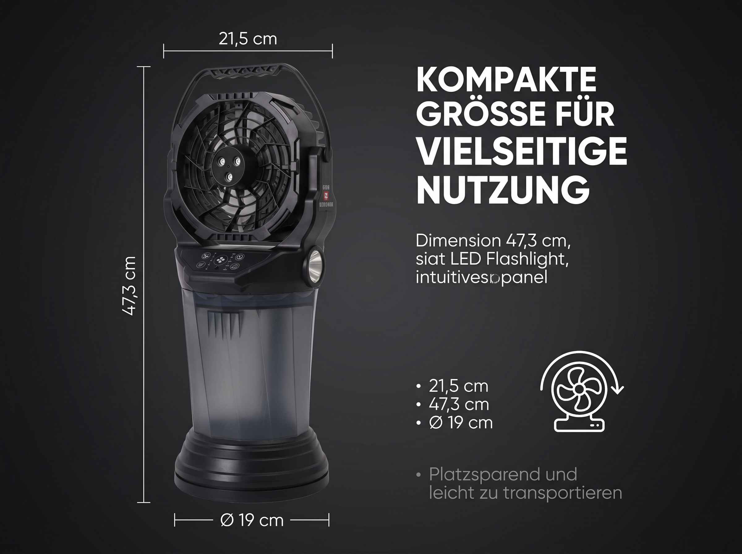 Kompakter Lüfter mit LED-Taschenlampe, 47,3 cm hoch, 21,5 cm breit.