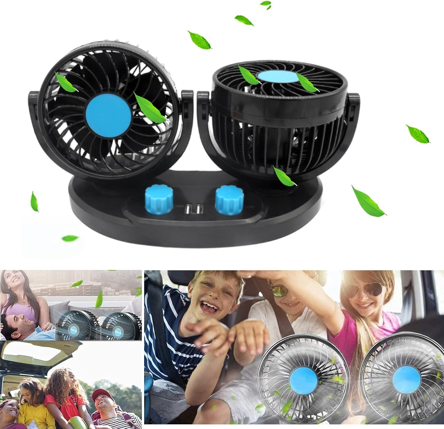 Doppellüfter mit Blättern, Familien in Autos, weißer Hintergrund.