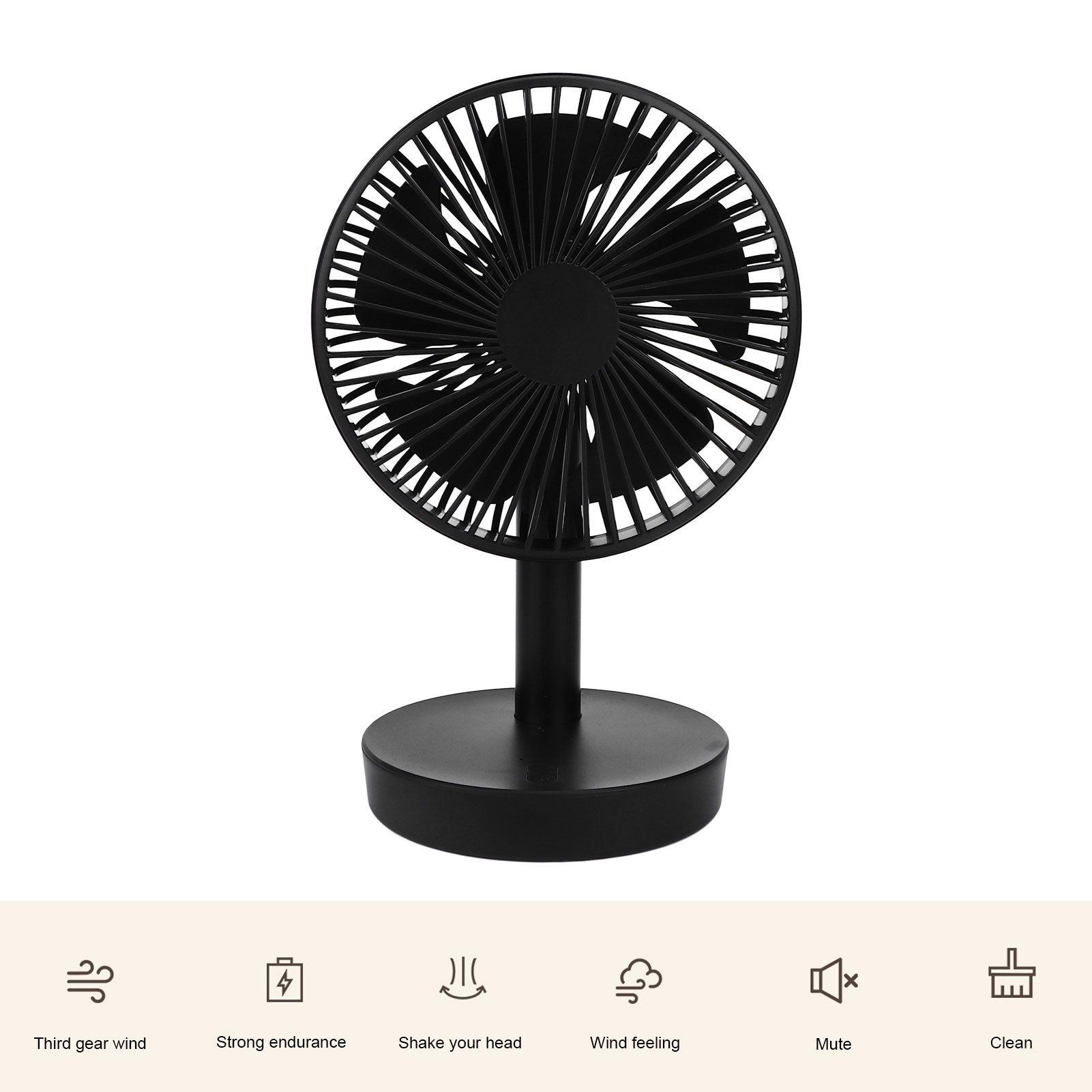 Ein schwarzer, kleiner Ventilator mit rundem Sockel und einem Schaft.
