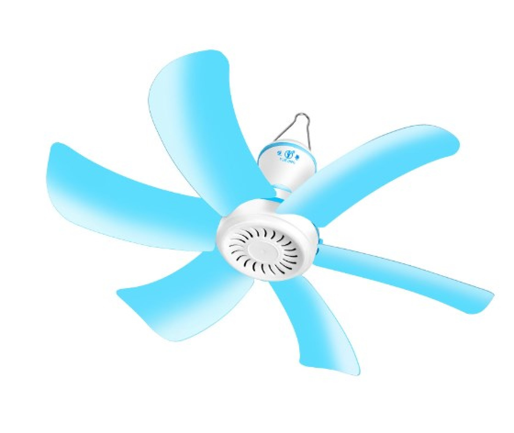 Ein kleiner blauer Deckenventilator mit sechs Flügeln auf weißem Hintergrund.