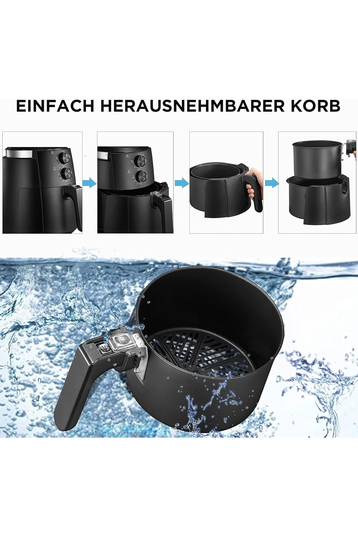 Een zwarte airfryer met een verwijderbare mand die in water wordt schoongemaakt.