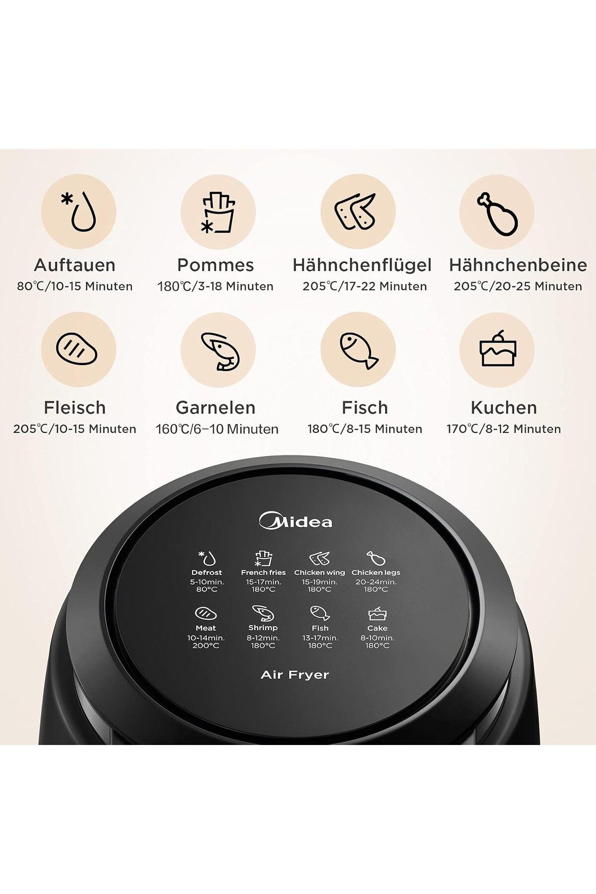 De bovenkant van een zwarte Midea Air Fryer toont kookprogramma's met iconen.