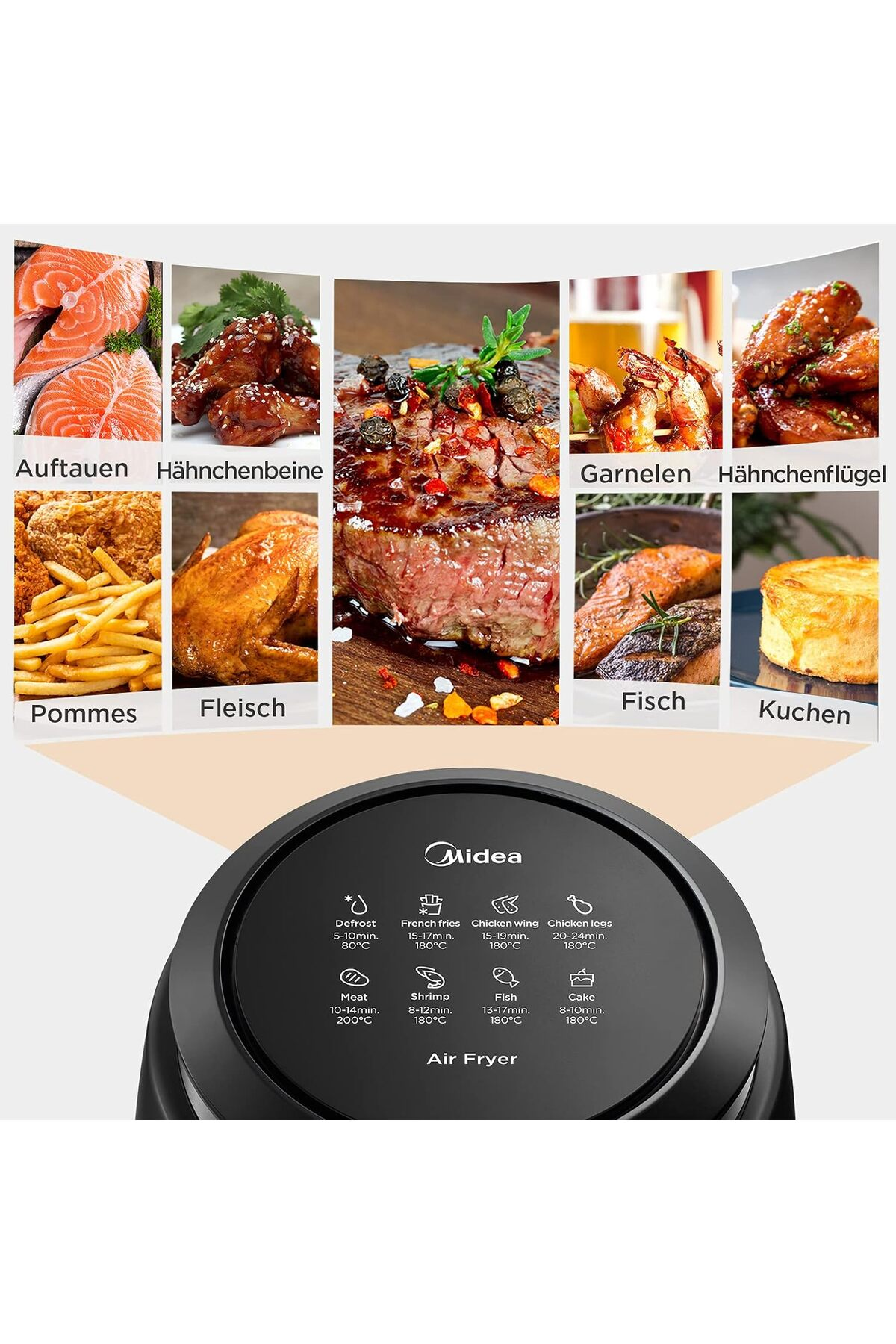 Bovenaanzicht van een Midea Air Fryer met kookafbeeldingen en menuopties.