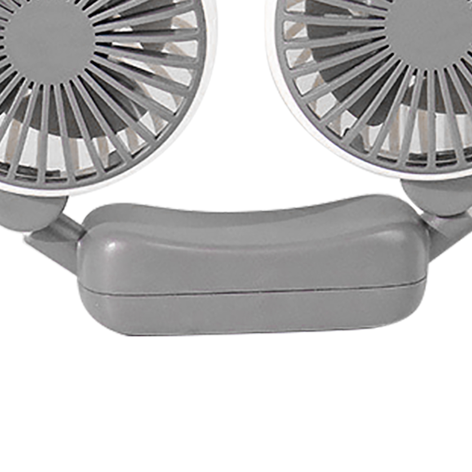 Ein grauer Nackenventilator mit zwei Lüfterblättern, die auf weißem Hintergrund zu sehen sind.