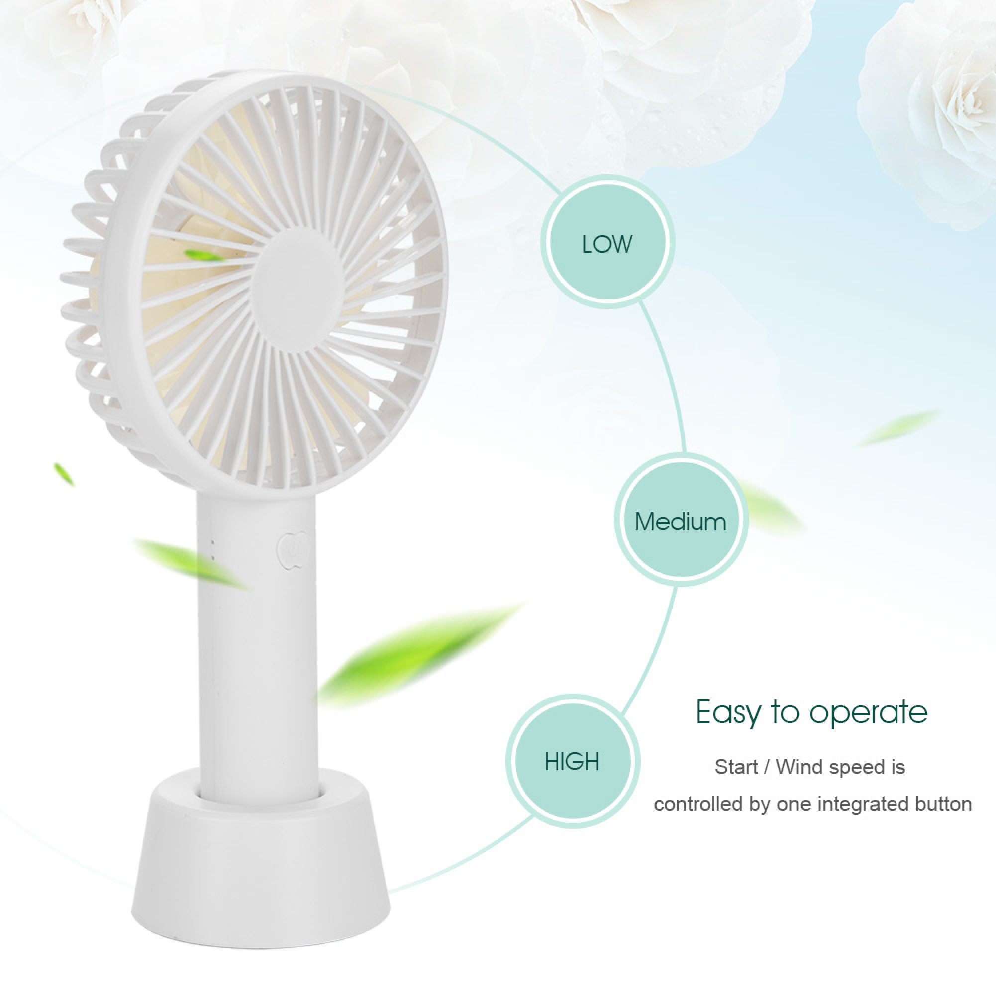 Ein weißer Handventilator mit drei Geschwindigkeitsstufen: niedrig, mittel, hoch.