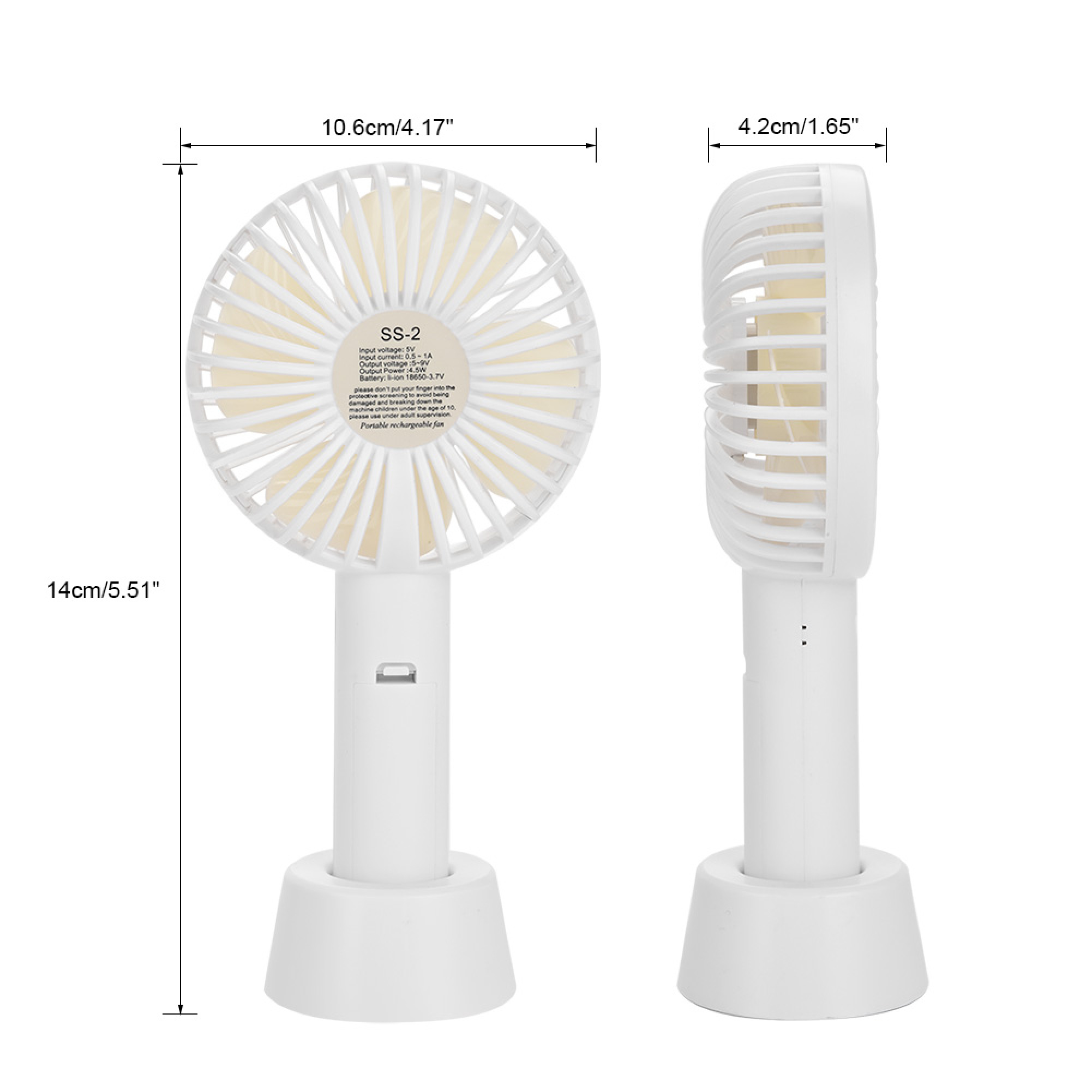 Ein weißer tragbarer wiederaufladbarer Ventilator mit Sockel, von vorne und von der Seite gezeigt.