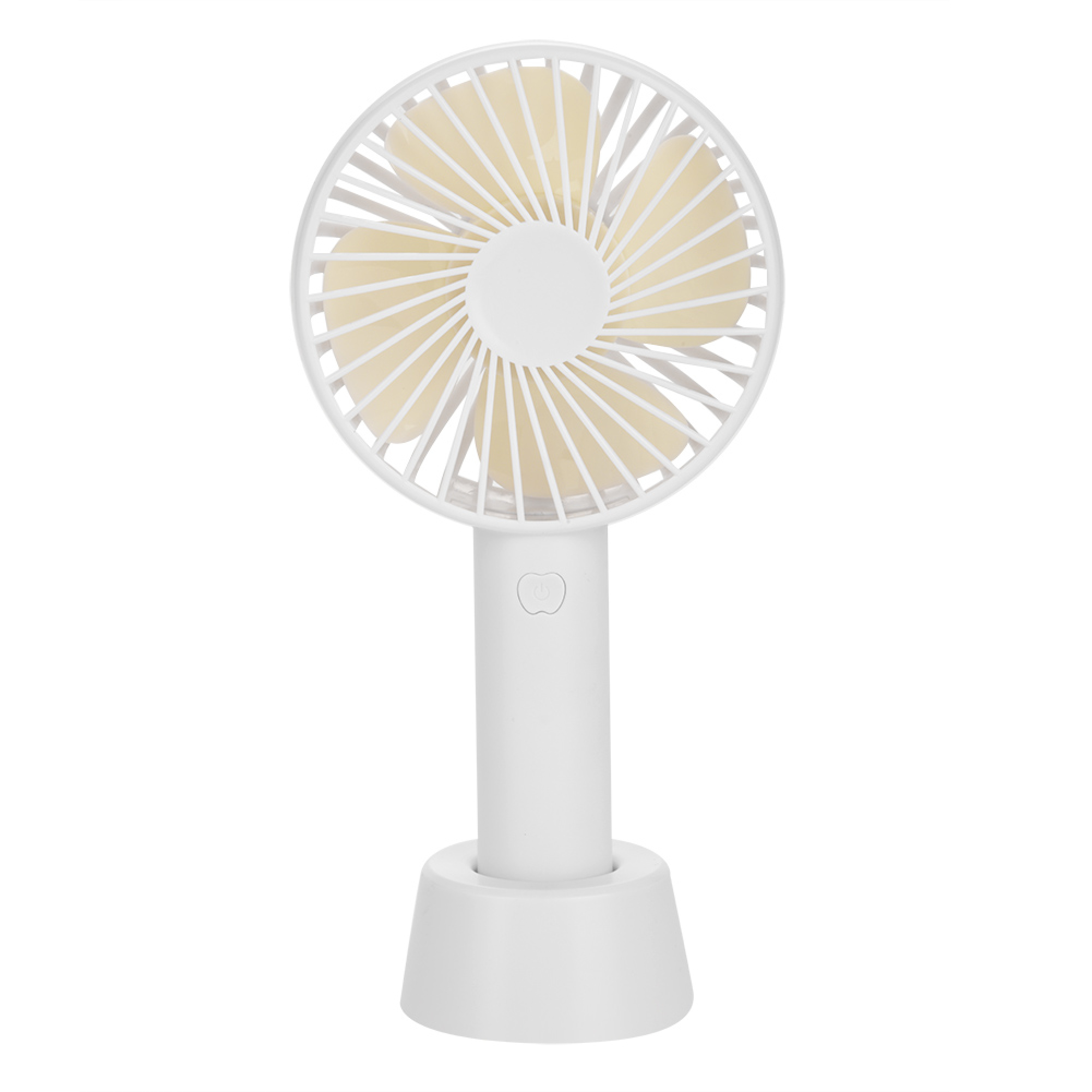 Ein weißer tragbarer Ventilator mit rundem Kopf und beigen Blättern steht auf einem weißen Sockel.