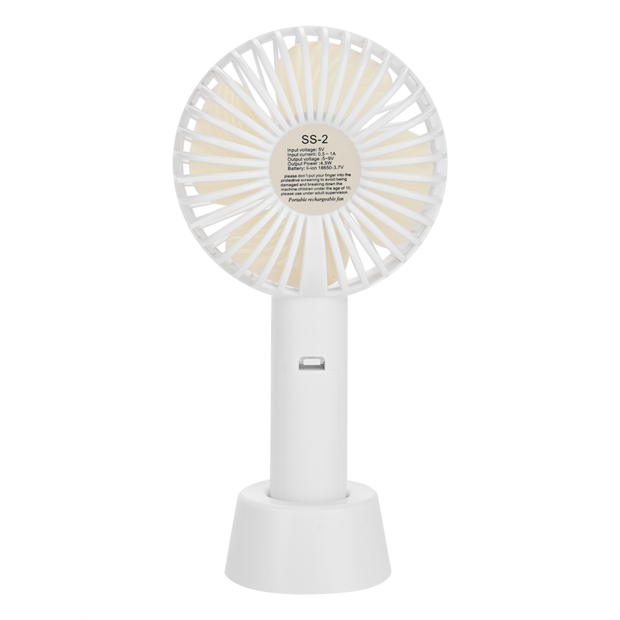 Ein weißer tragbarer wiederaufladbarer Ventilator mit gelben Flügeln und einem runden Sockel.