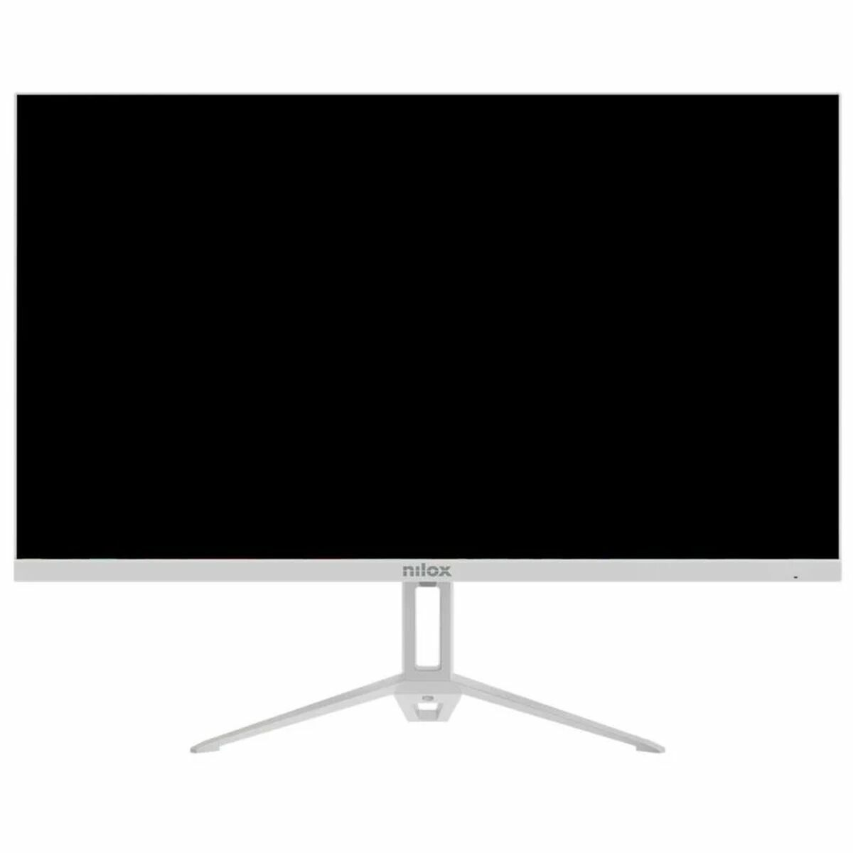 Ein weißer Monitor mit schwarzem Bildschirm und einem silbernen Ständer.