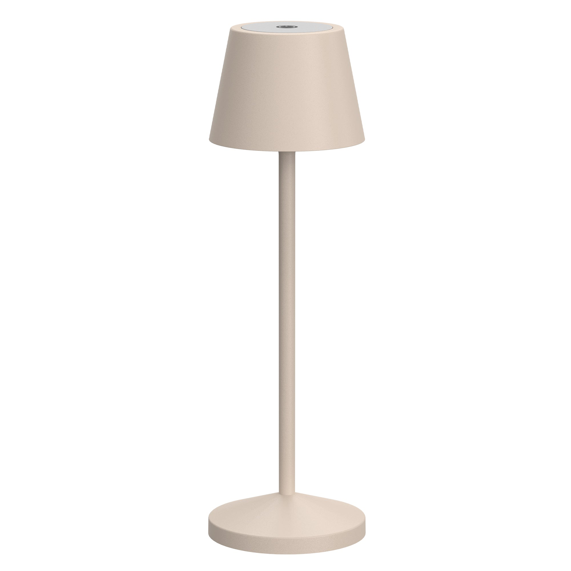 Eine schlichte, beige Tischlampe mit rundem Fuß und kegelförmigem Schirm.
