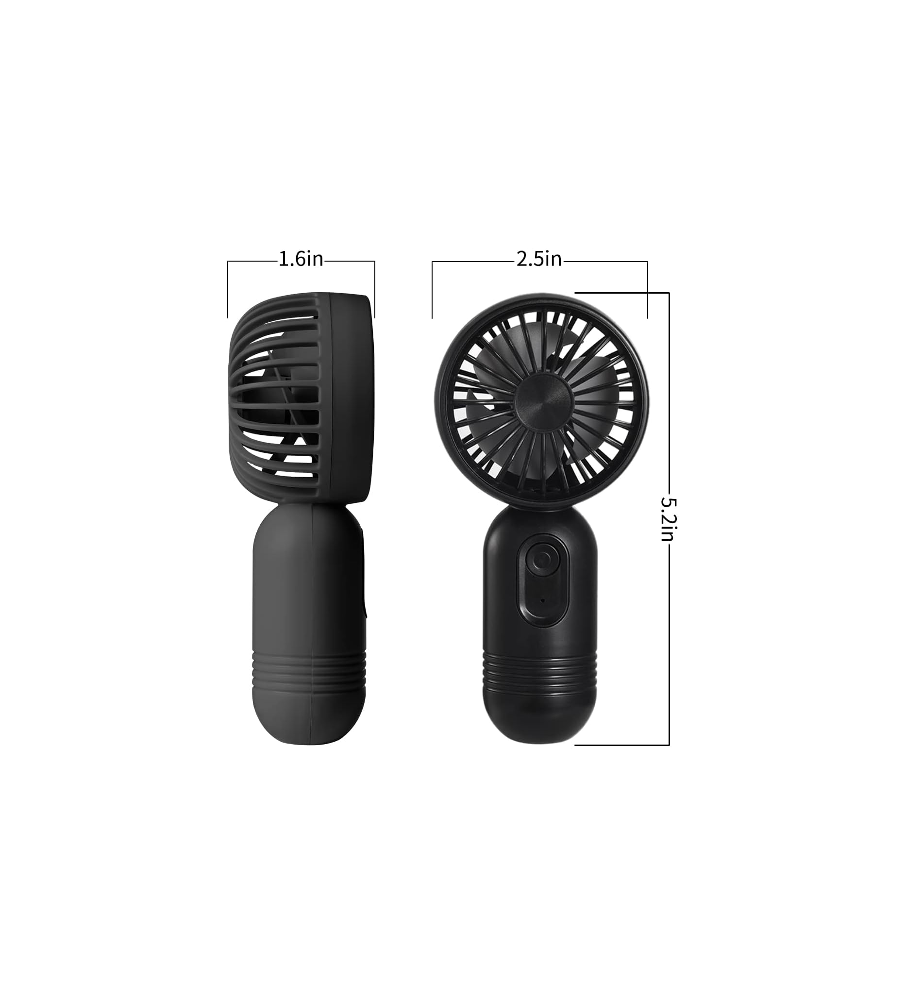 Ein schwarzer, tragbarer Mini-Ventilator mit Maßen.