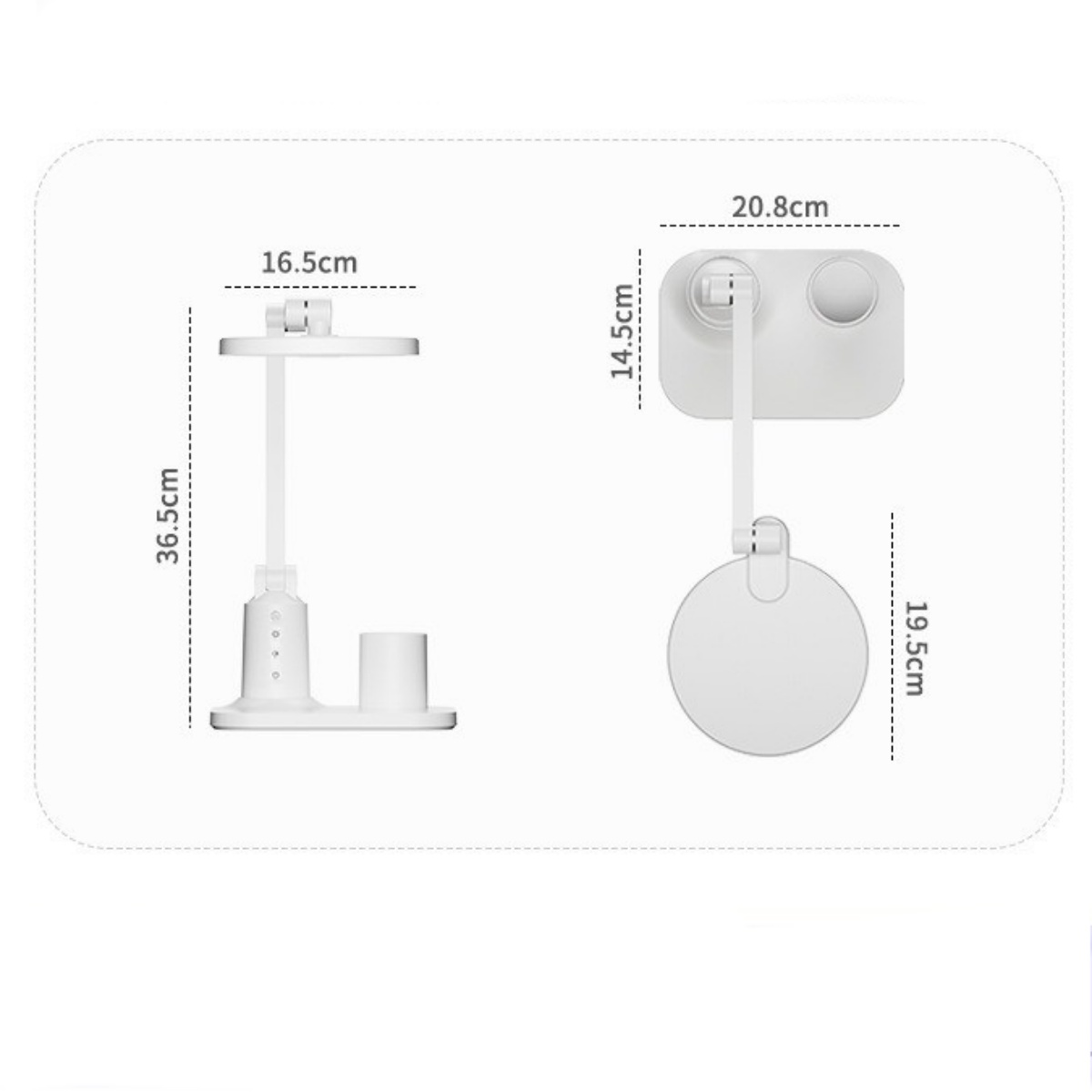 Weiße Schreibtischlampe mit Stiftehalter, in zwei Ansichten mit Maßen.