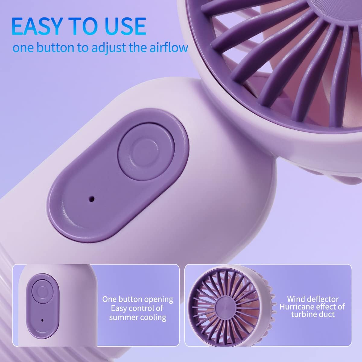 Nahaufnahme eines lila-weißen tragbaren Ventilators, der seinen Knopf und Lüfterblätter zeigt.