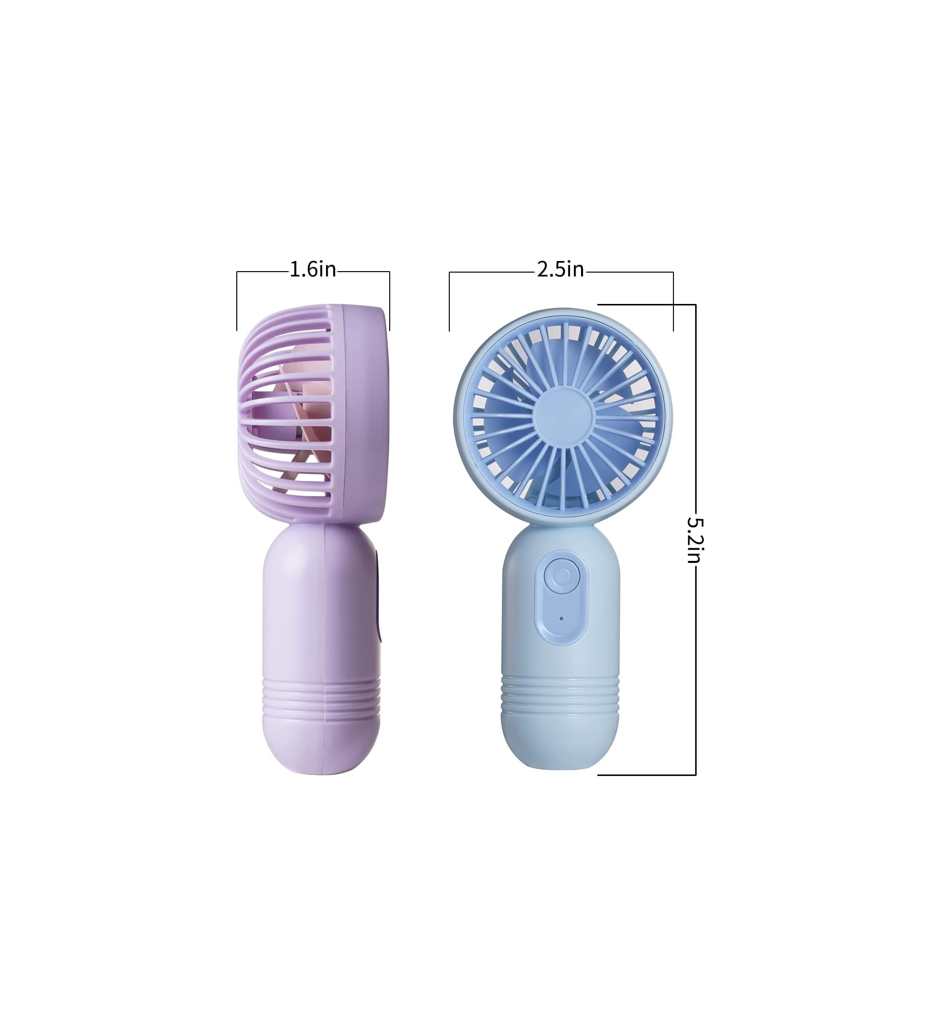 Zwei tragbare Ventilatoren, einer lila, einer hellblau, mit Maßen.