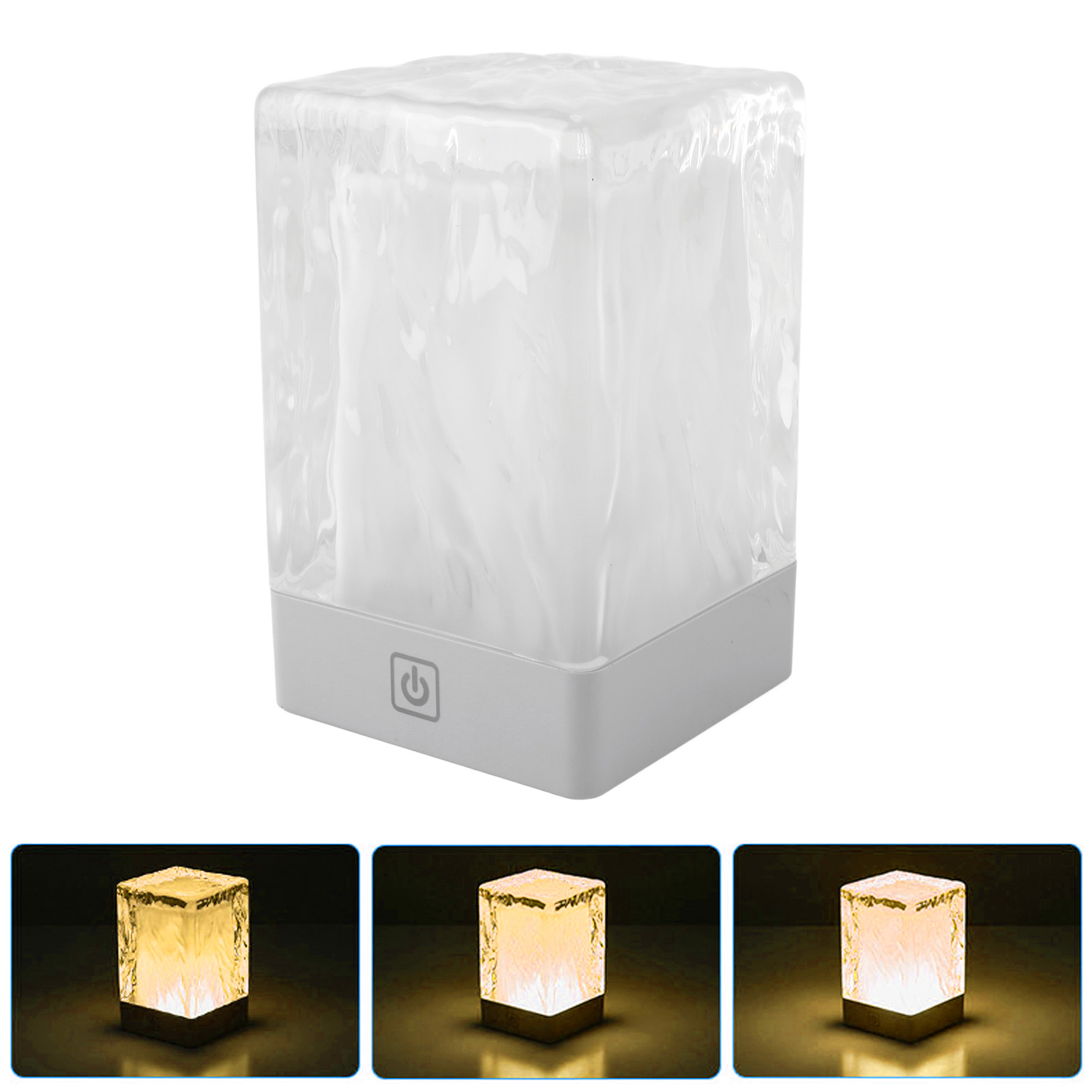Kubische Lampe mit Eis-Optik und Power-Symbol auf grauem Sockel.