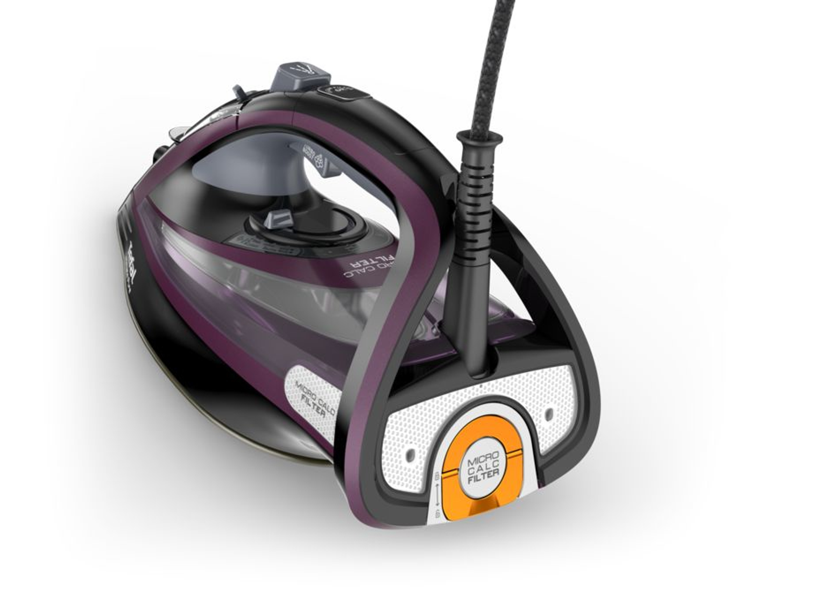 Ein lila und schwarzes Dampfbügeleisen mit Kabel auf weißem Hintergrund.