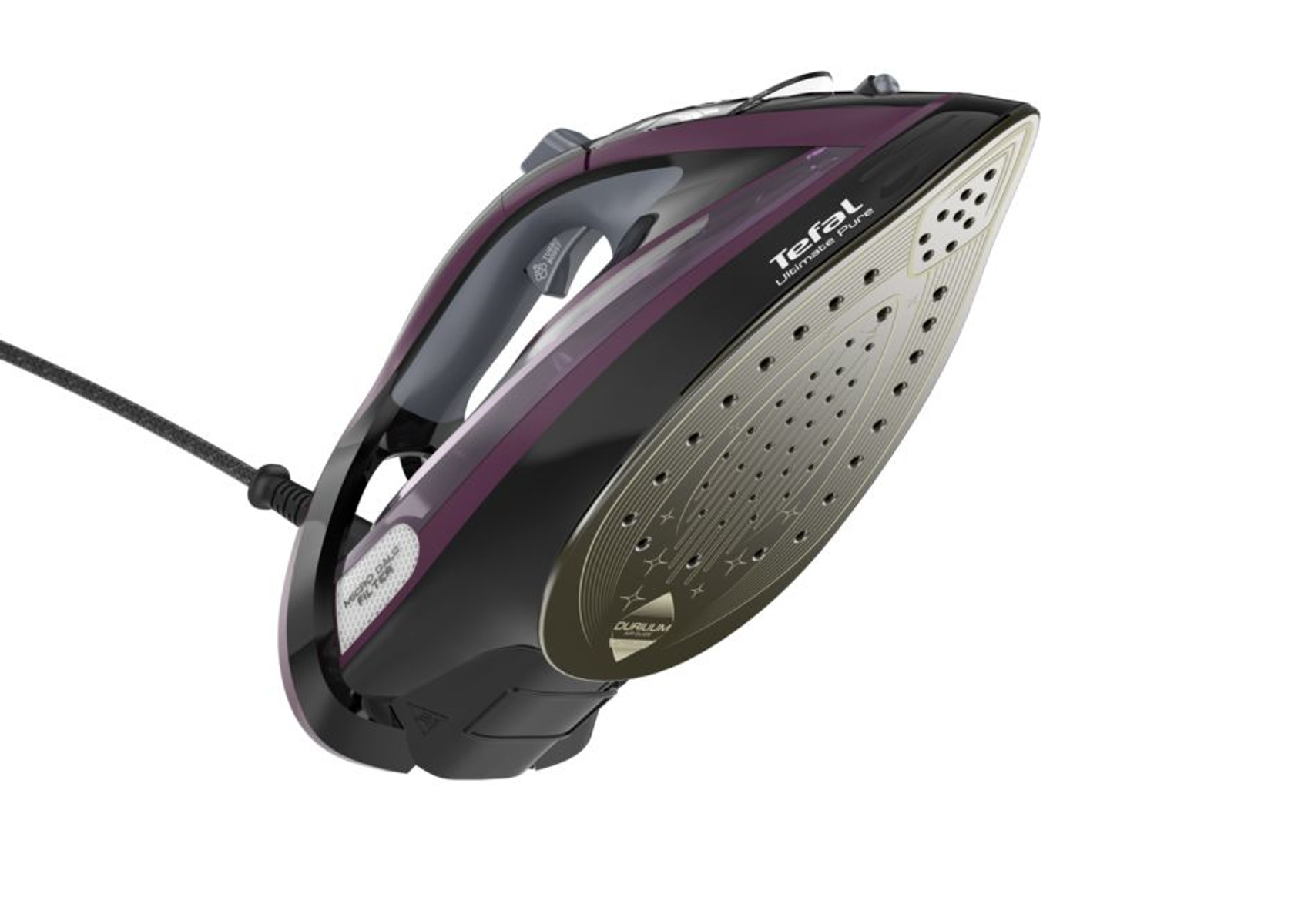 Eine schwarz-violette Tefal Ultimate Pure Dampfbügeleisen mit Metallsohle und Kabel.