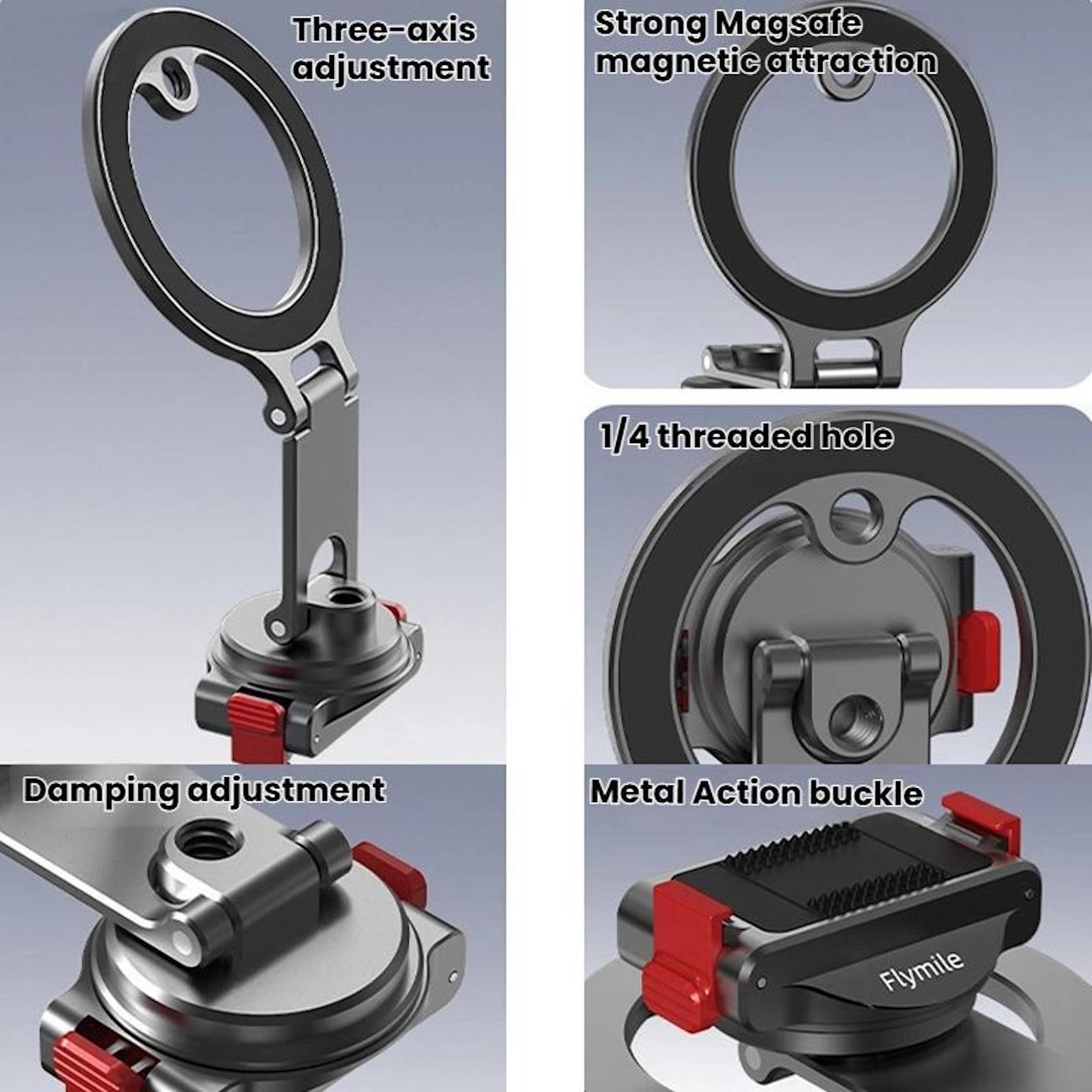 Ein silberner Handyhalter mit drei Achsen, MagSafe, 1/4 Gewinde, Dämpfung & Schnalle.
