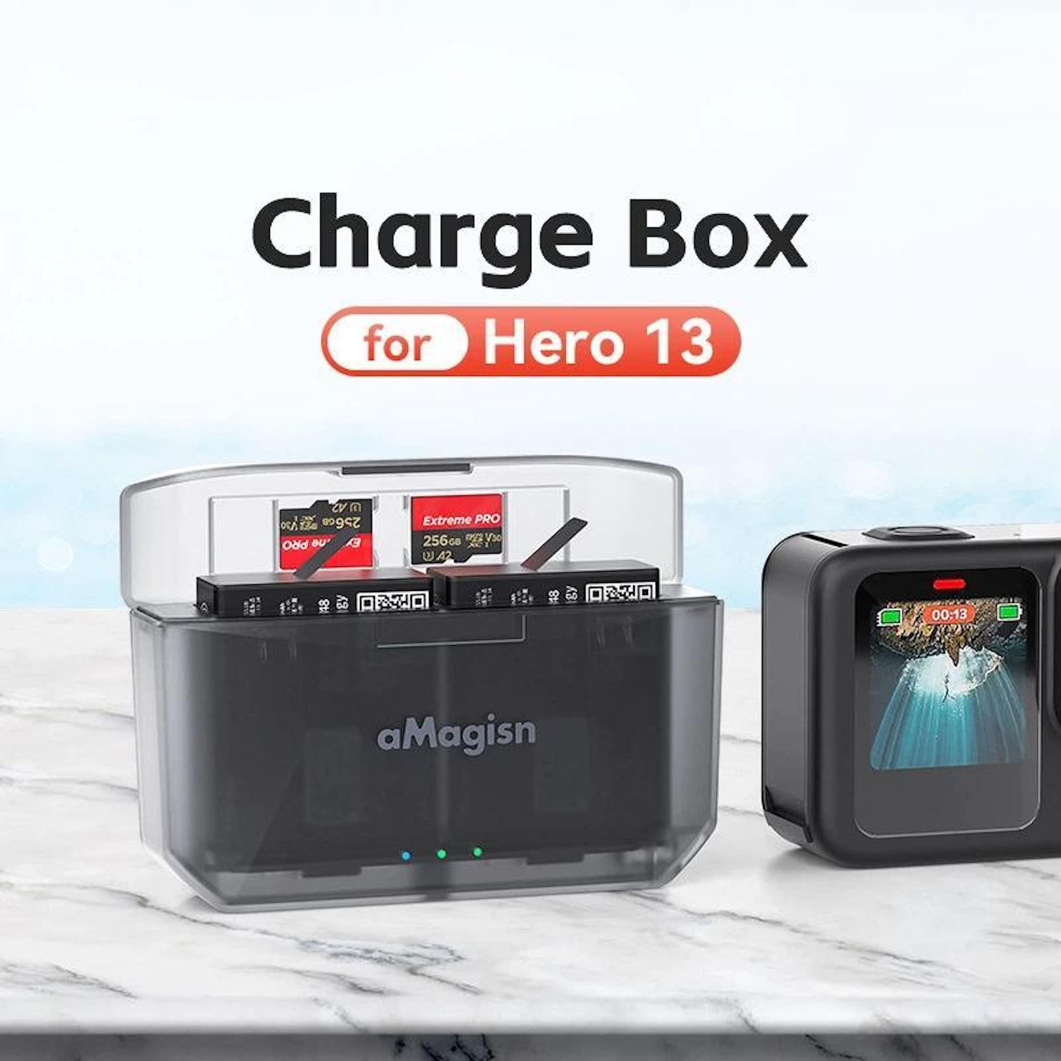 Ladestation für Hero 13 mit SD-Karten und Kamera.
