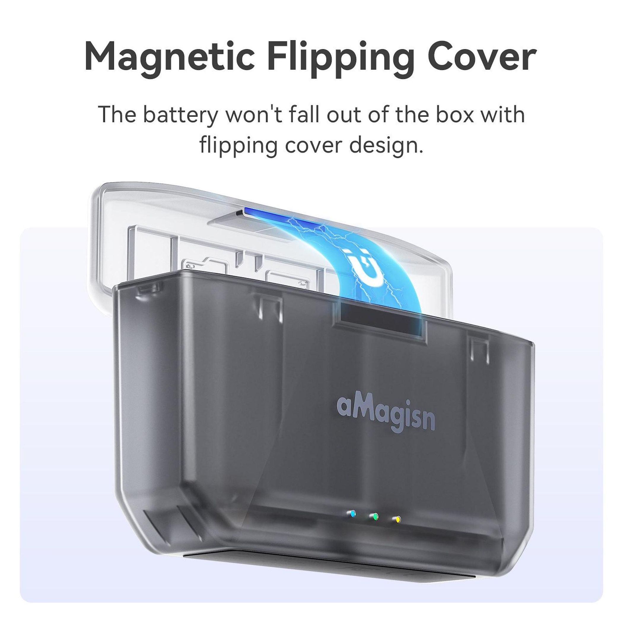 Grauer Behälter mit magnetischem Klappdeckel, der ein Herausfallen der Batterie verhindert.