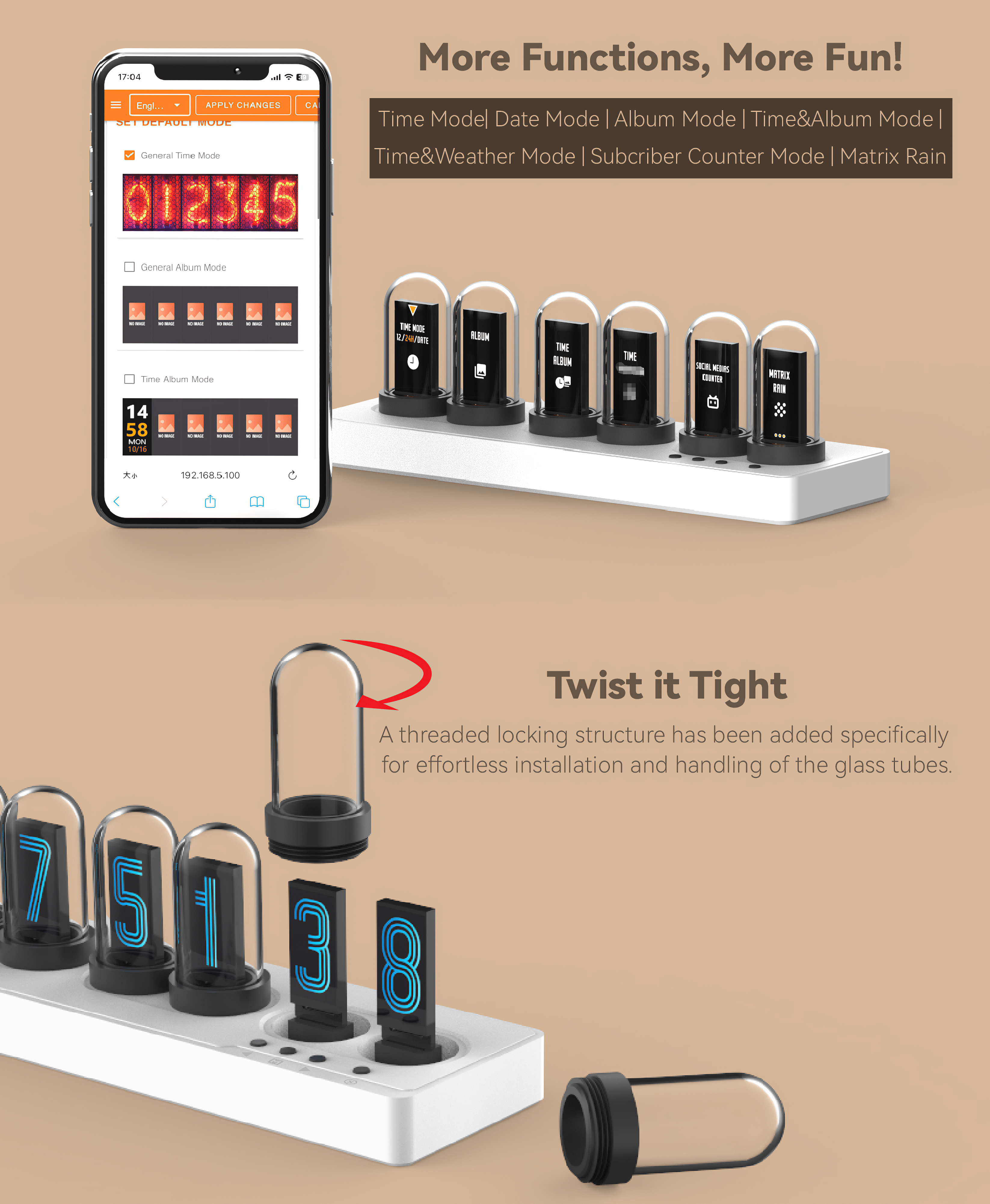Ein Smartphone zeigt Einstellungen für eine Uhr mit digitalen Röhren an. Daneben sind die Uhren.