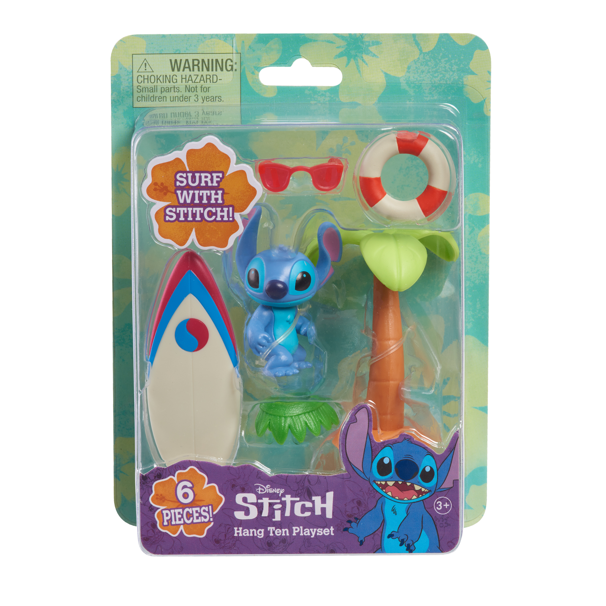 Set da gioco Stitch con tavola da surf, giubbotto salvagente, occhiali da sole e palma.