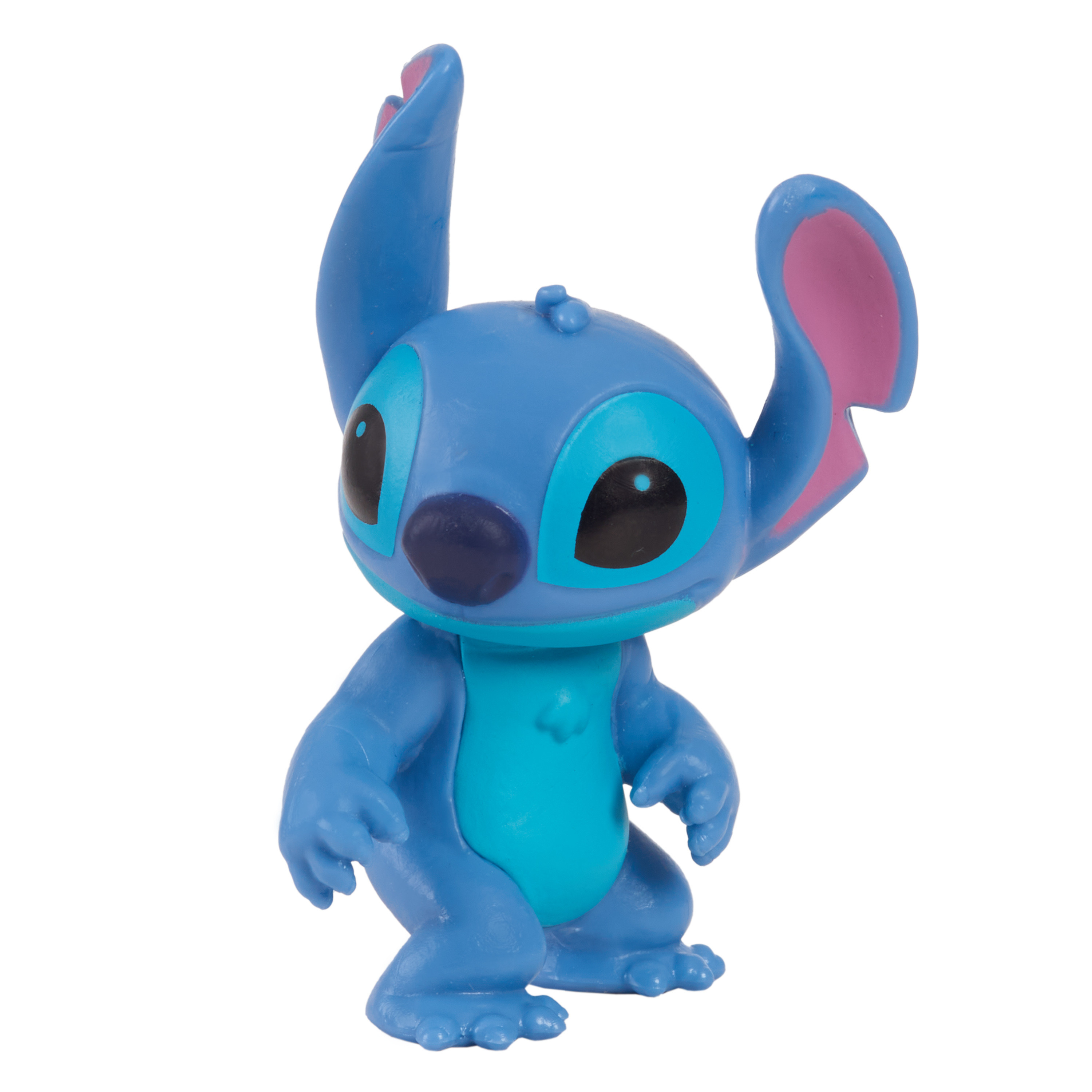Una statuetta blu di Stitch con grandi orecchie e occhi su sfondo bianco.