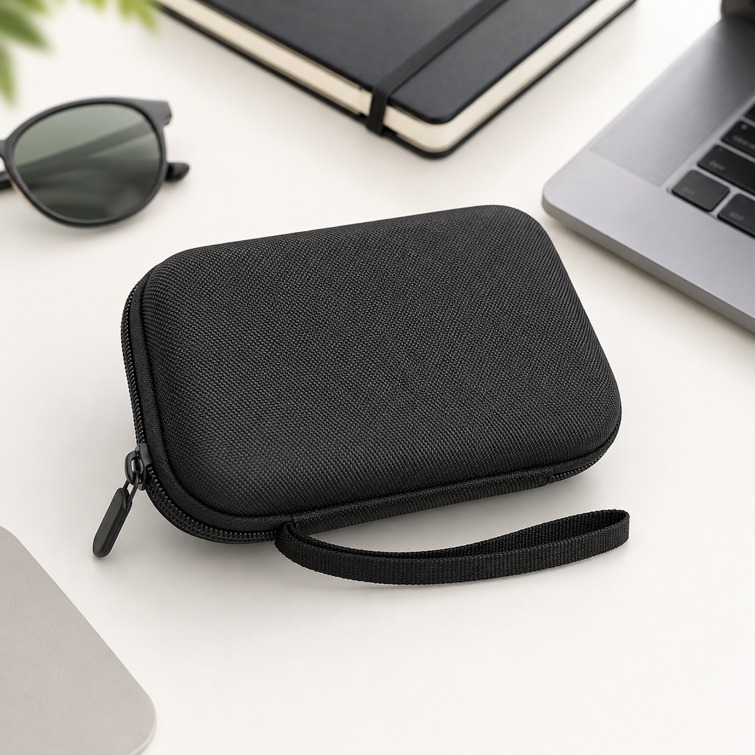 Schwarze Tasche mit Reißverschluss, daneben Sonnenbrille, Notizbuch und Laptop.