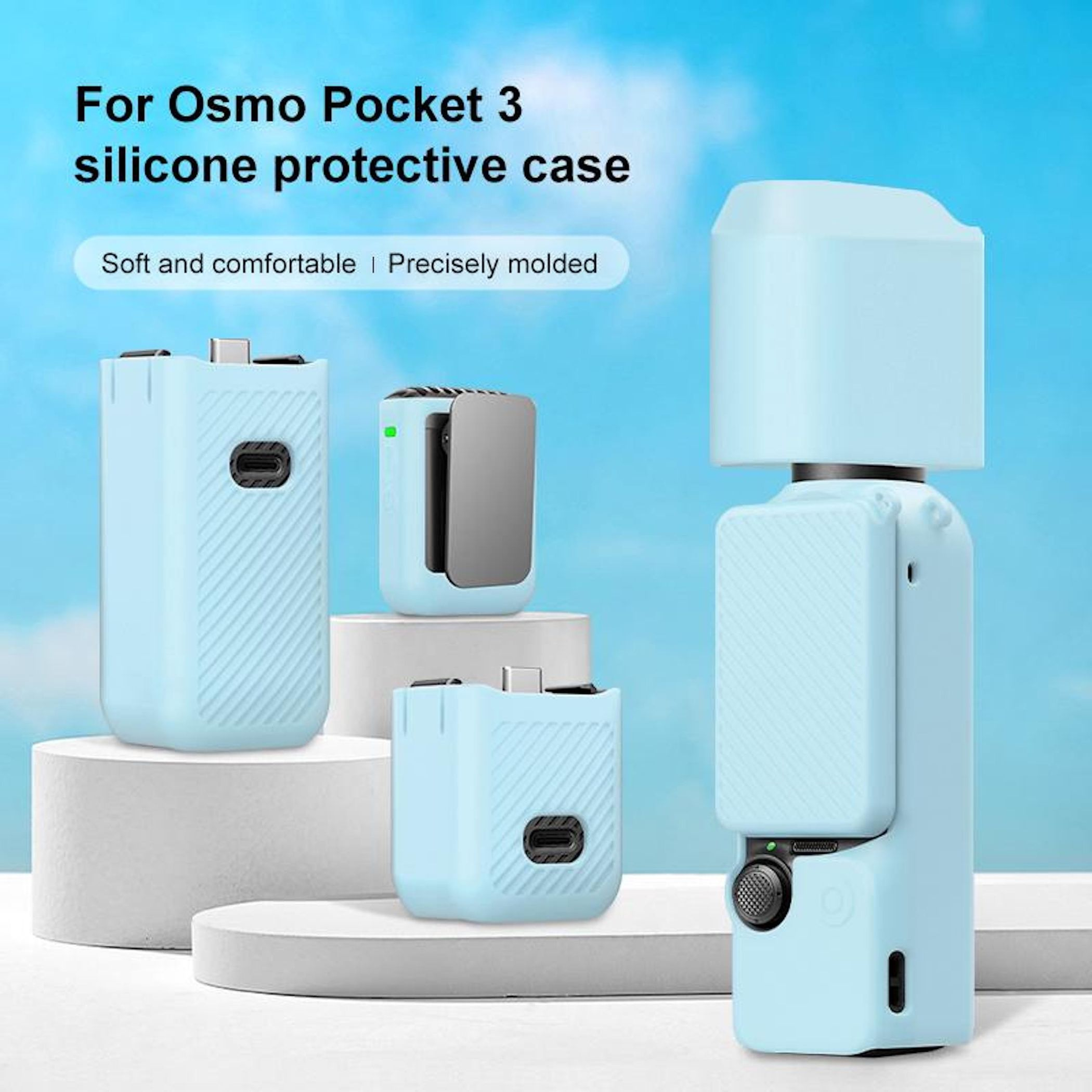Himmelblaue Schutzhüllen für Osmo Pocket 3, auf weißen Podesten.