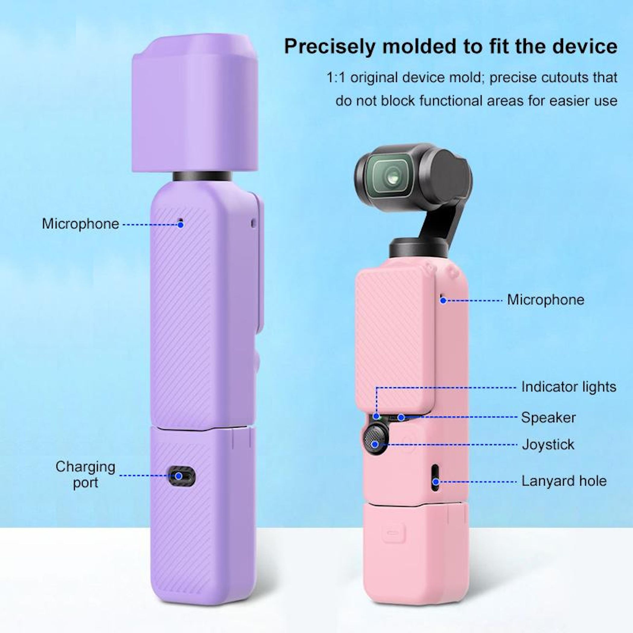 Zwei Gimbal-Stabilisatoren, einer lila, einer rosa, mit Beschriftungen.