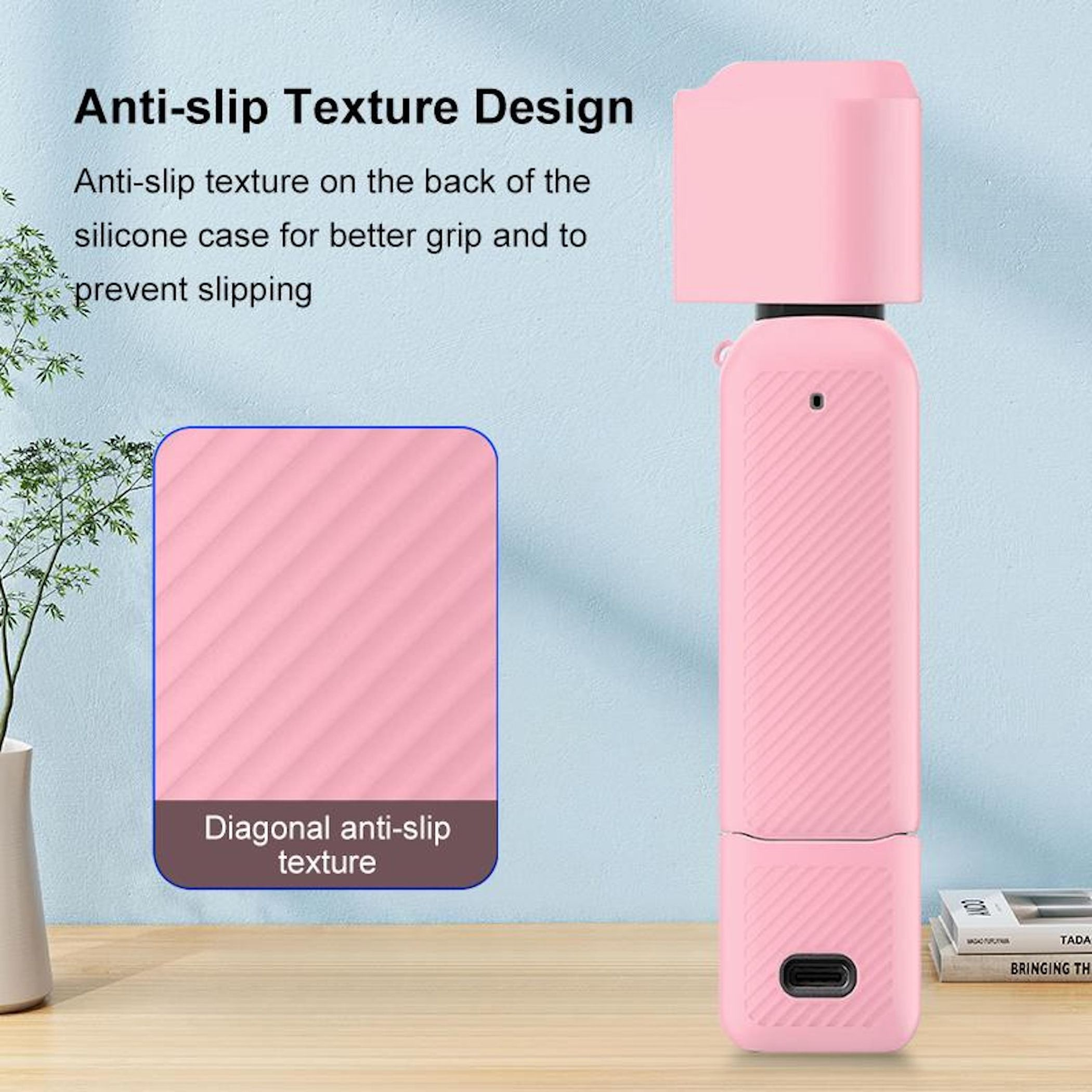 Ein pinker Gimbal mit Anti-Rutsch-Textur, daneben eine Nahaufnahme der Textur.