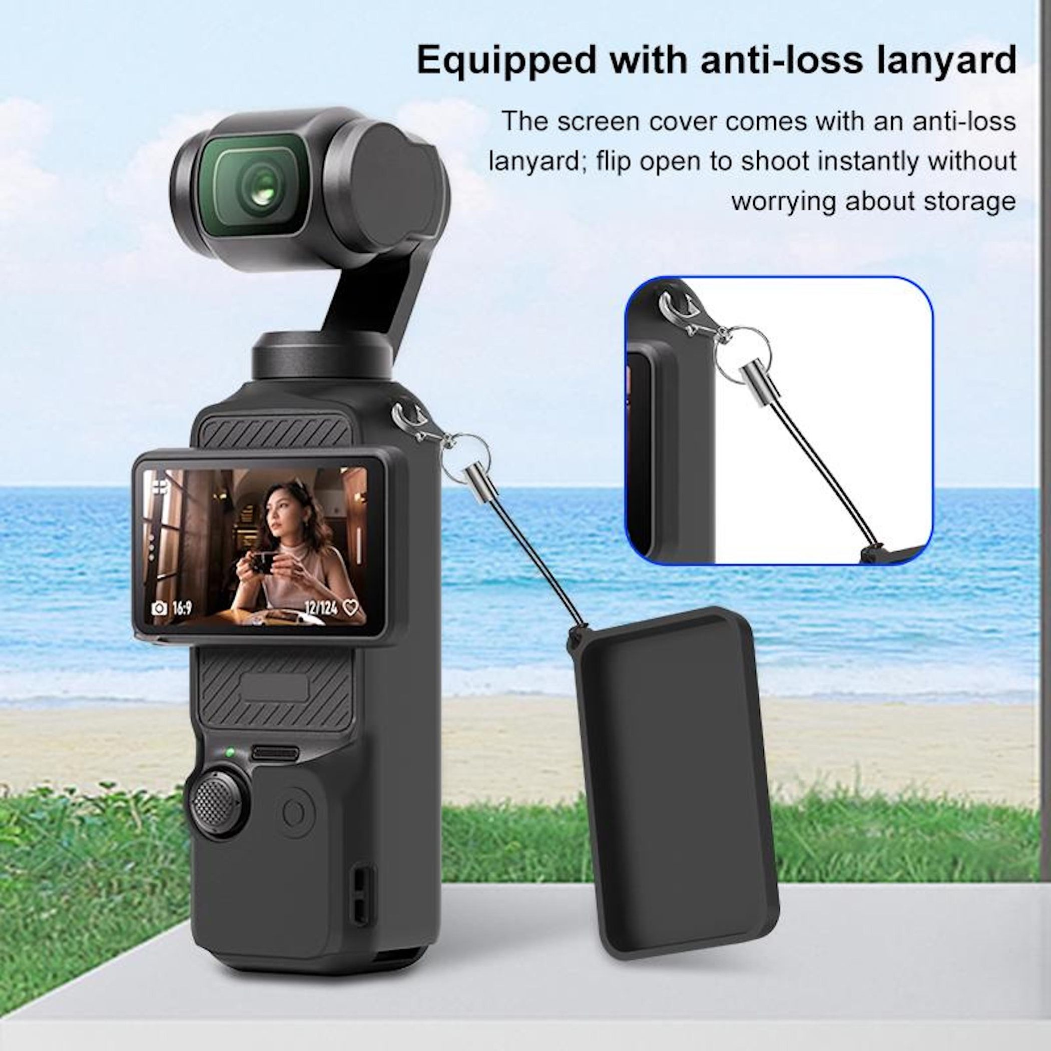 Ein schwarzer Gimbal mit Kamera und Bildschirm am Strand. Mit Lanyard.