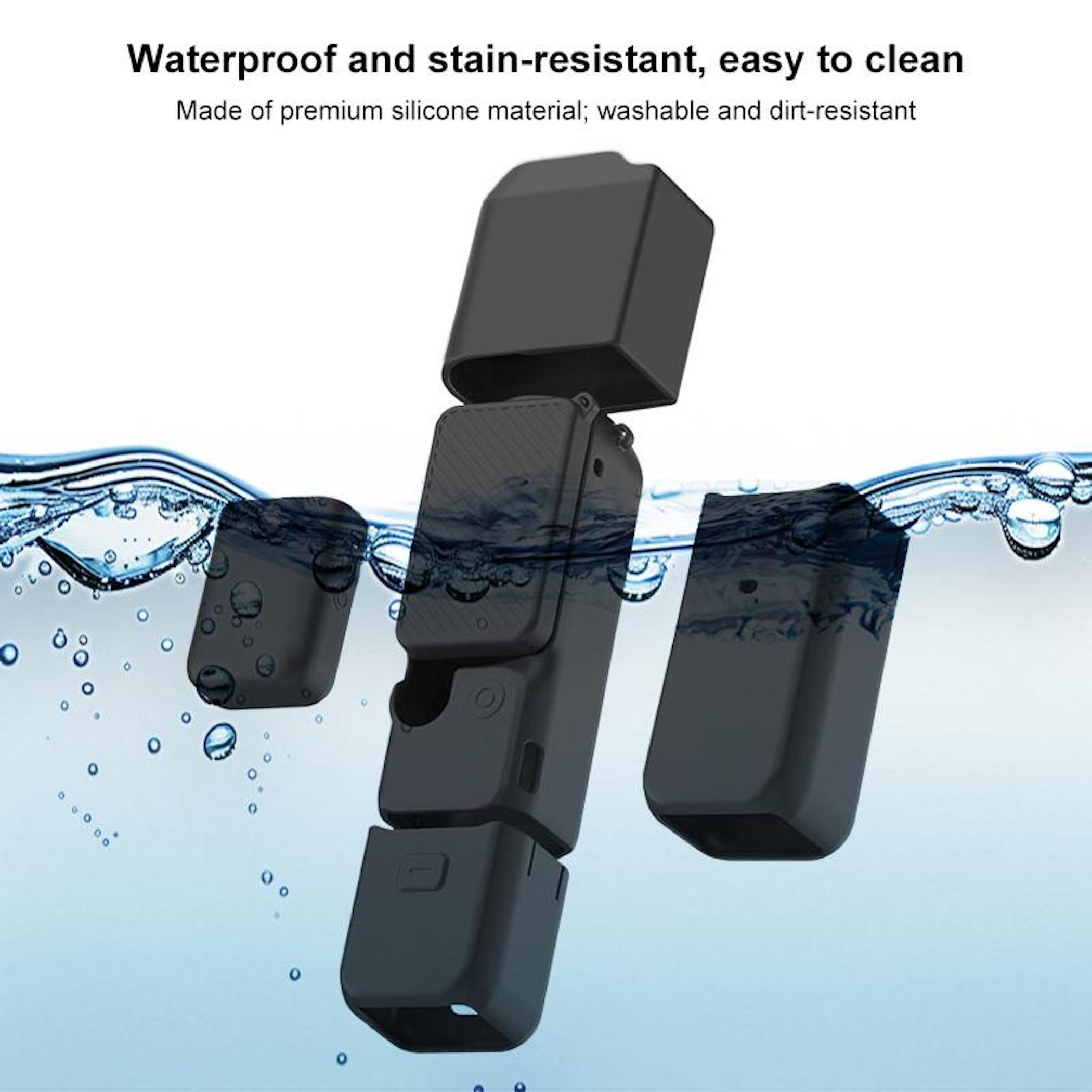 Schwarze Silikonhülle zerlegt, teilweise in Wasser mit Blasen.
