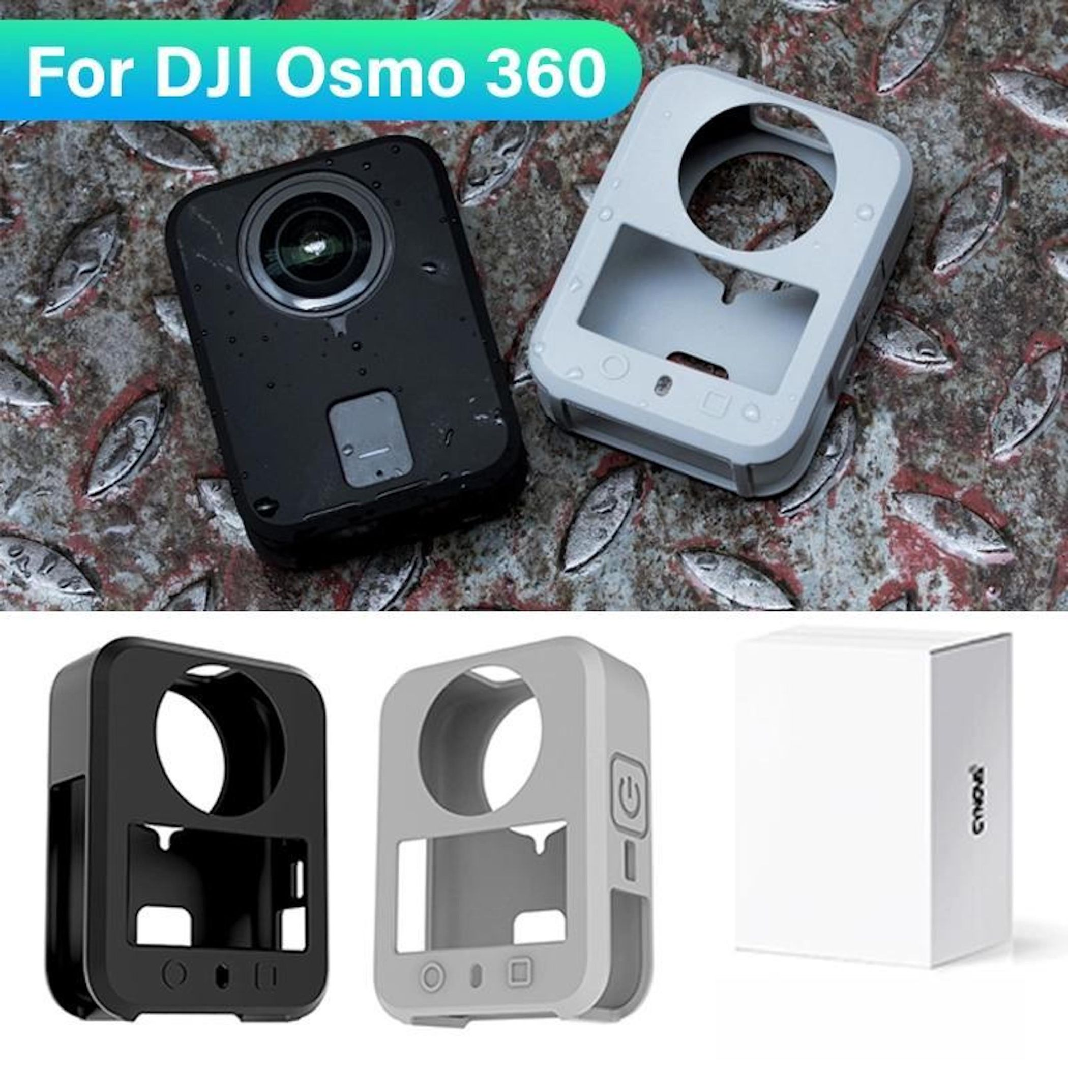 Zwei Schutzhüllen für DJI Osmo 360, schwarz und hellgrau, auf metallischem Untergrund.