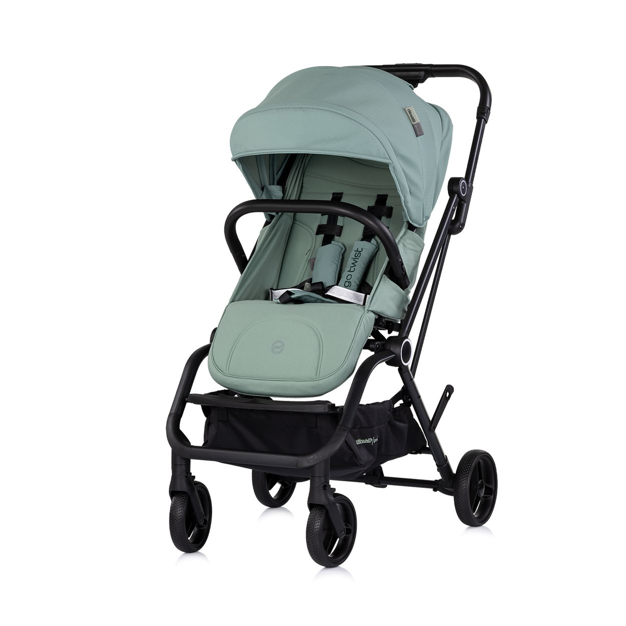 Ein hellgrüner Kinderwagen mit schwarzem Gestell und Rädern.
