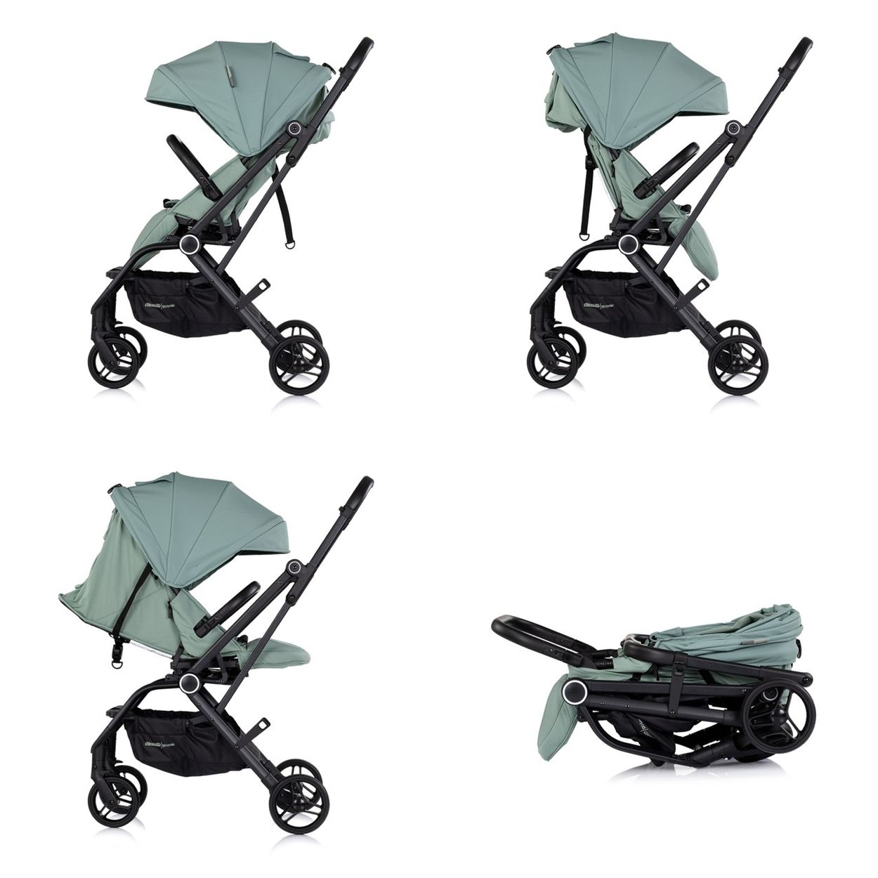 Ein leichter, mintgrüner Kinderwagen in vier Ansichten, zusammengeklappt und aufgebaut.