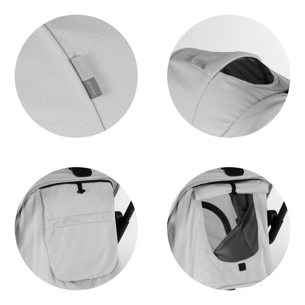 Grauer Kinderwagenstoff mit Perforationen, Tasche und Netzfenster.