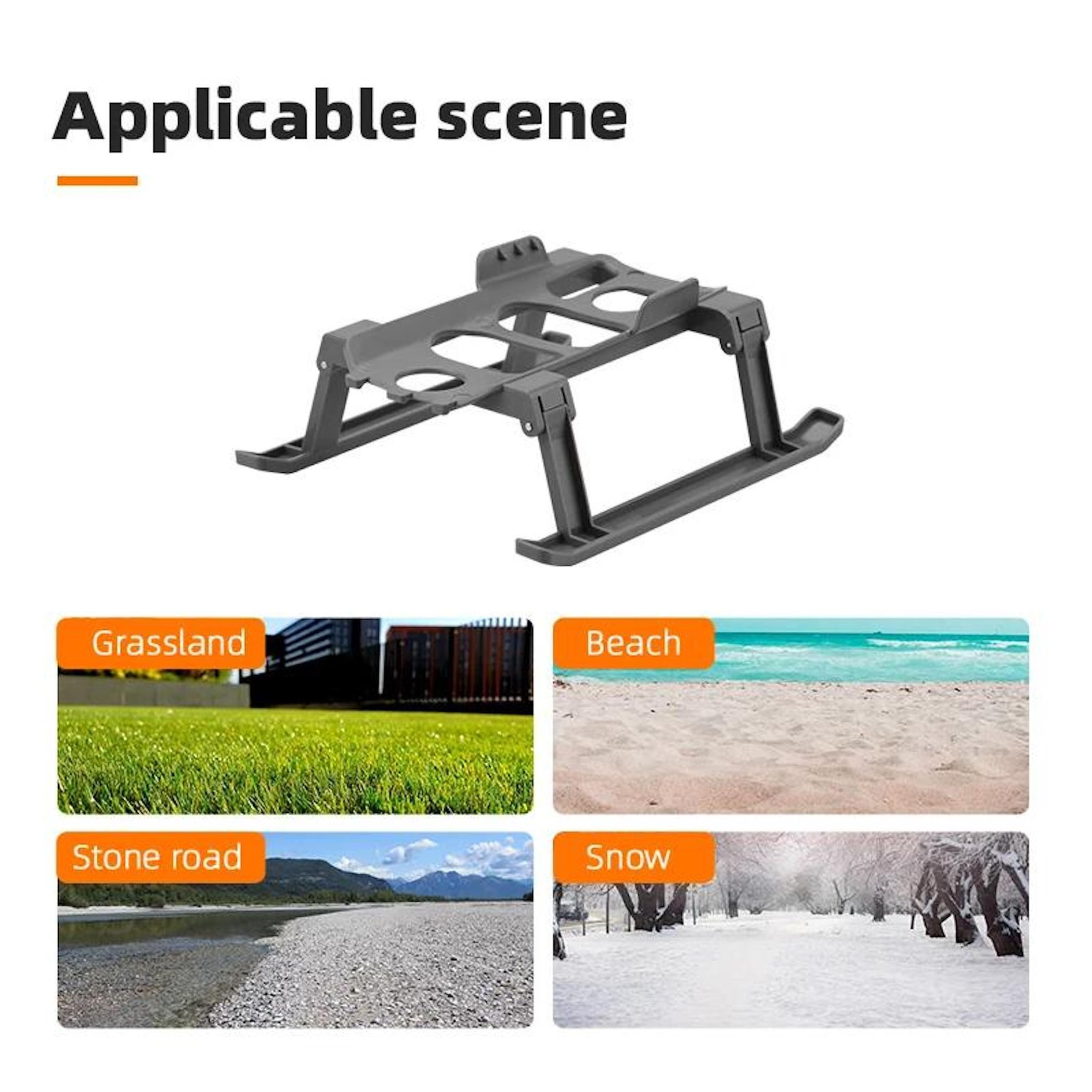 Grauer Landegestell-Prototyp mit vier Szenen: Gras, Strand, Steinstraße und Schnee.