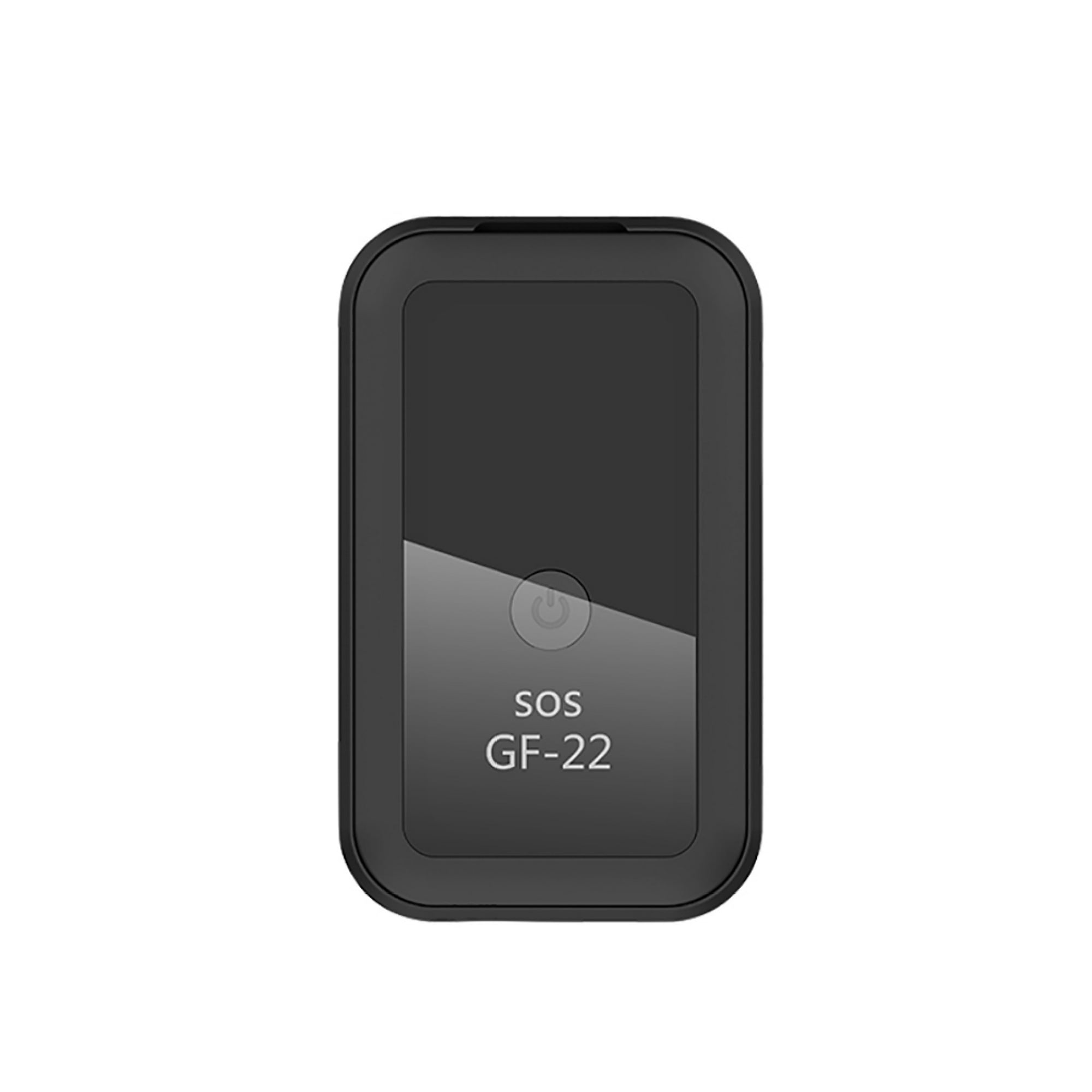 Schwarzes SOS GF-22 Ortungsgerät mit Power-Button-Symbol.