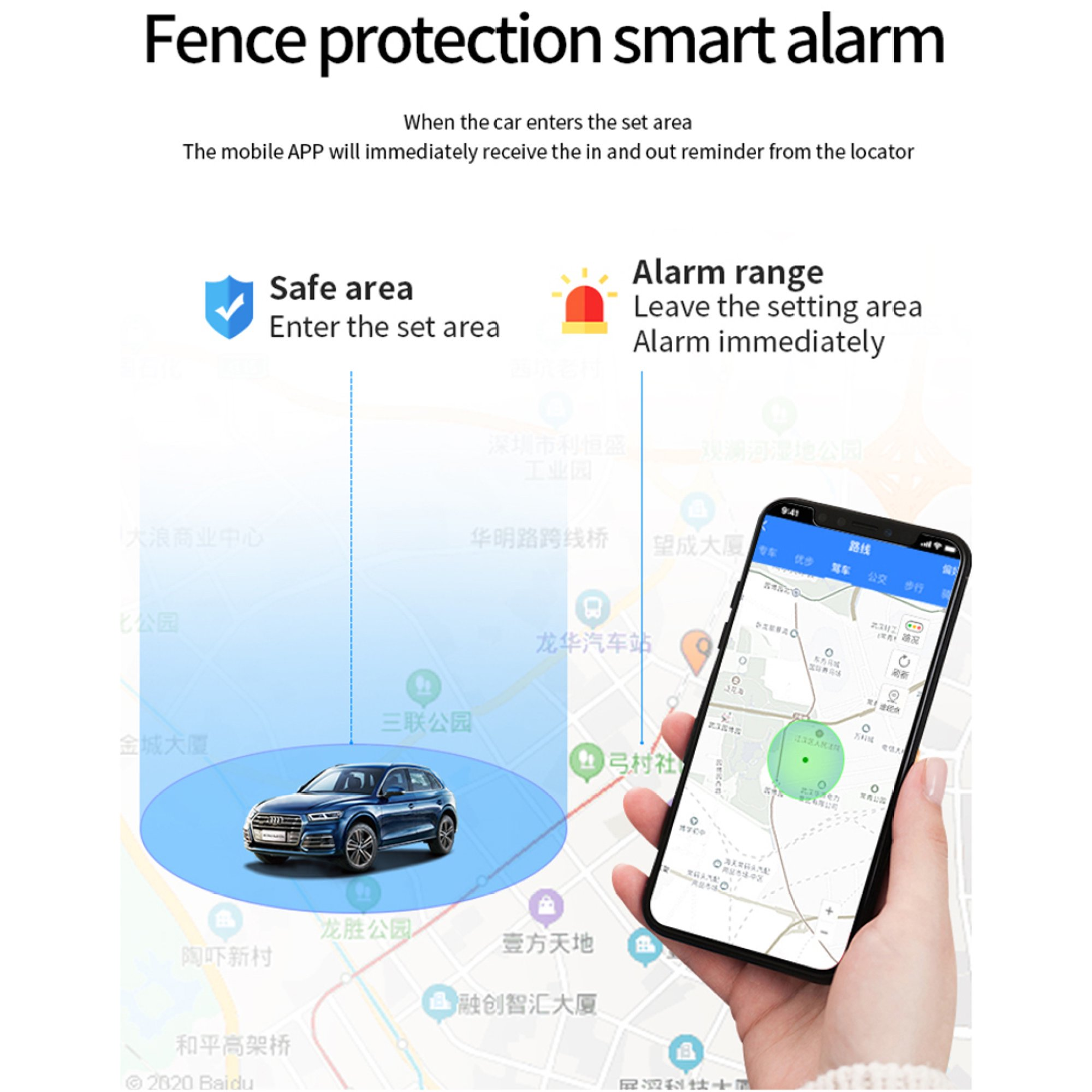 Blauer Audi fährt in einem blauen Kreis auf einer Karte. Eine Hand hält ein Smartphone mit einer Karte.