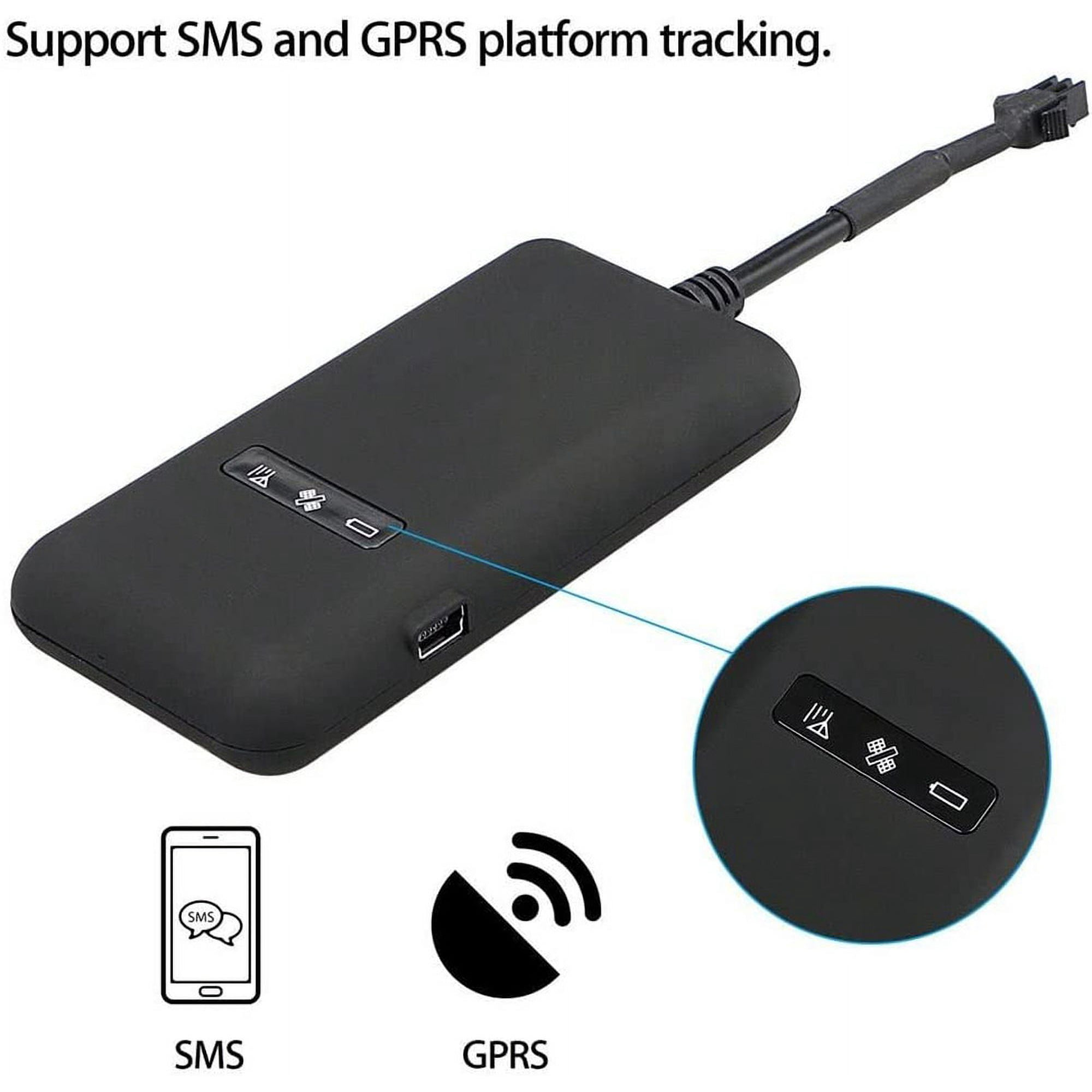 Schwarzer GPS-Tracker mit USB-Anschluss, Anzeigen und Kabel. Symbole für SMS und GPRS.