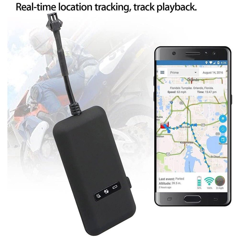 Schwarzes GPS-Tracker-Gerät und Smartphone mit Kartenverfolgung.
