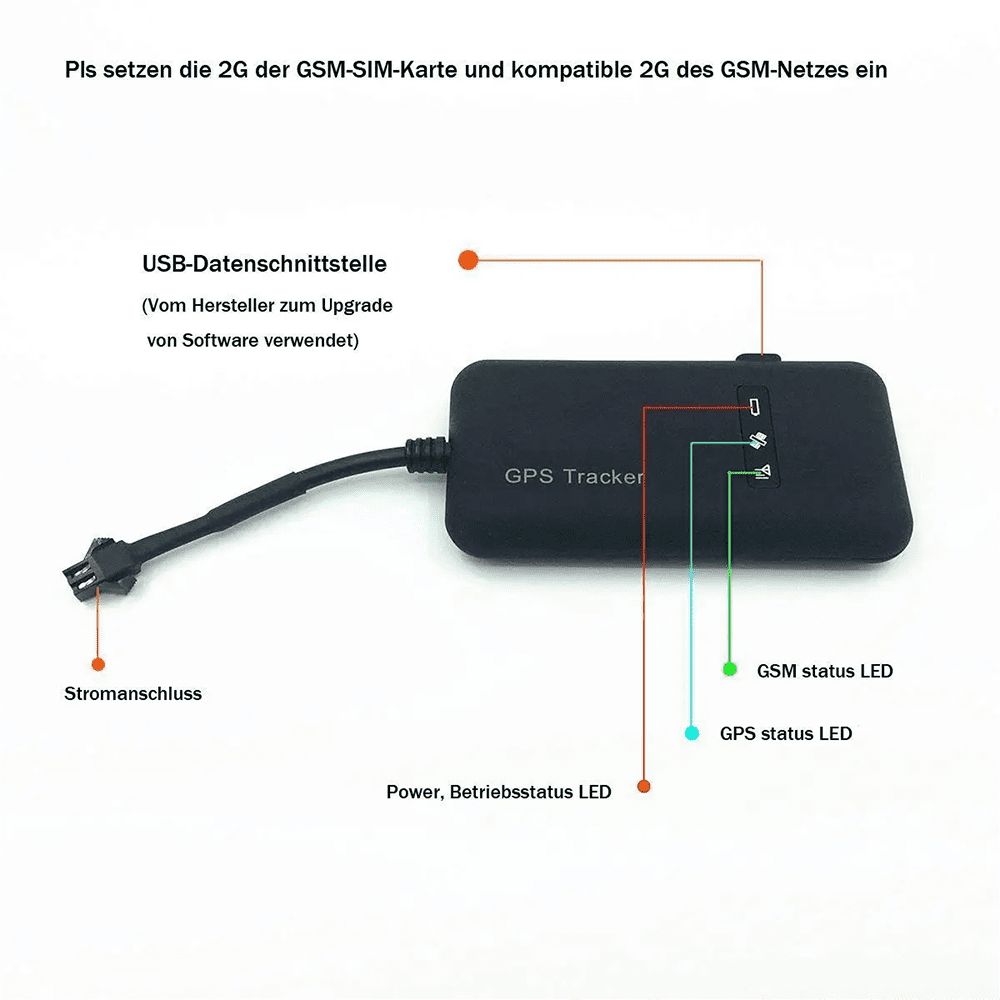 Ein schwarzer GPS-Tracker mit Anschlusskabel und LEDs für Strom, GSM und GPS.