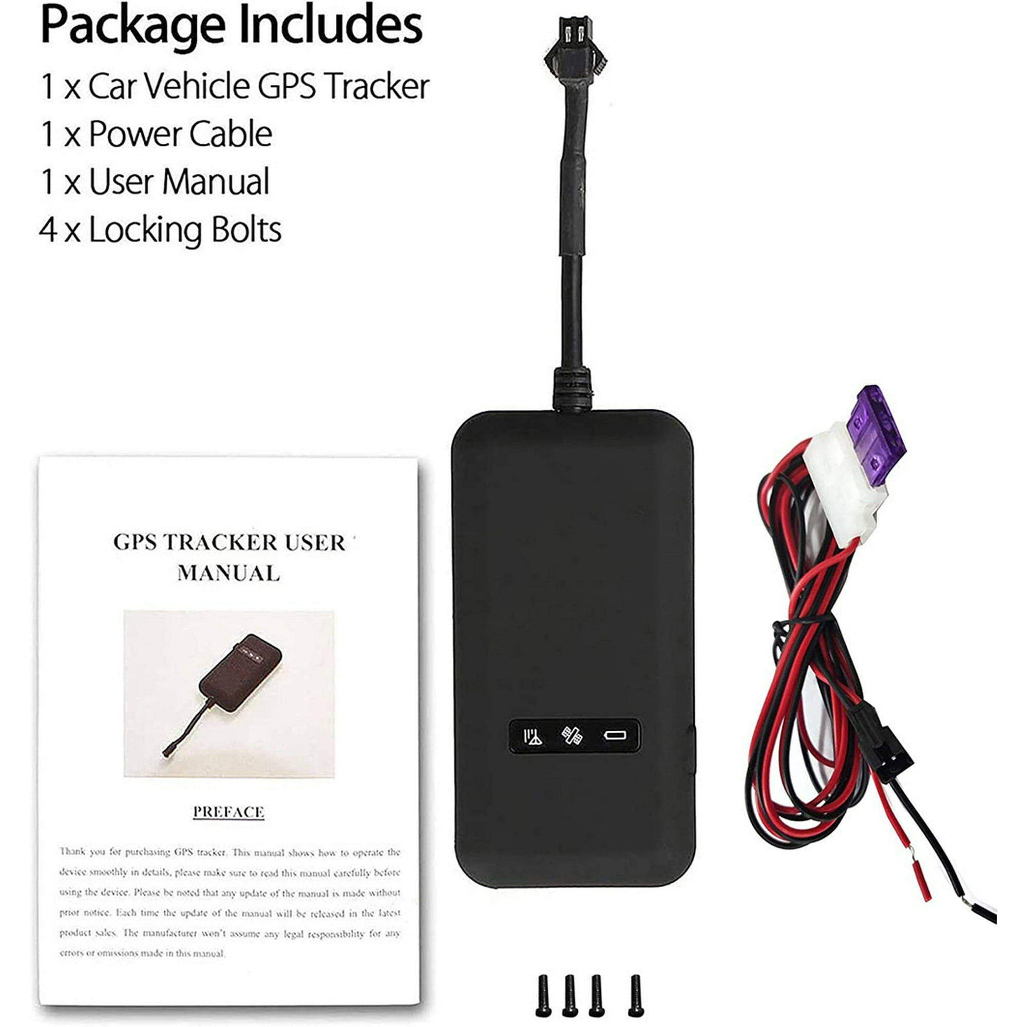 Schwarz GPS-Tracker, Handbuch, Kabel und Bolzen auf weißem Hintergrund.